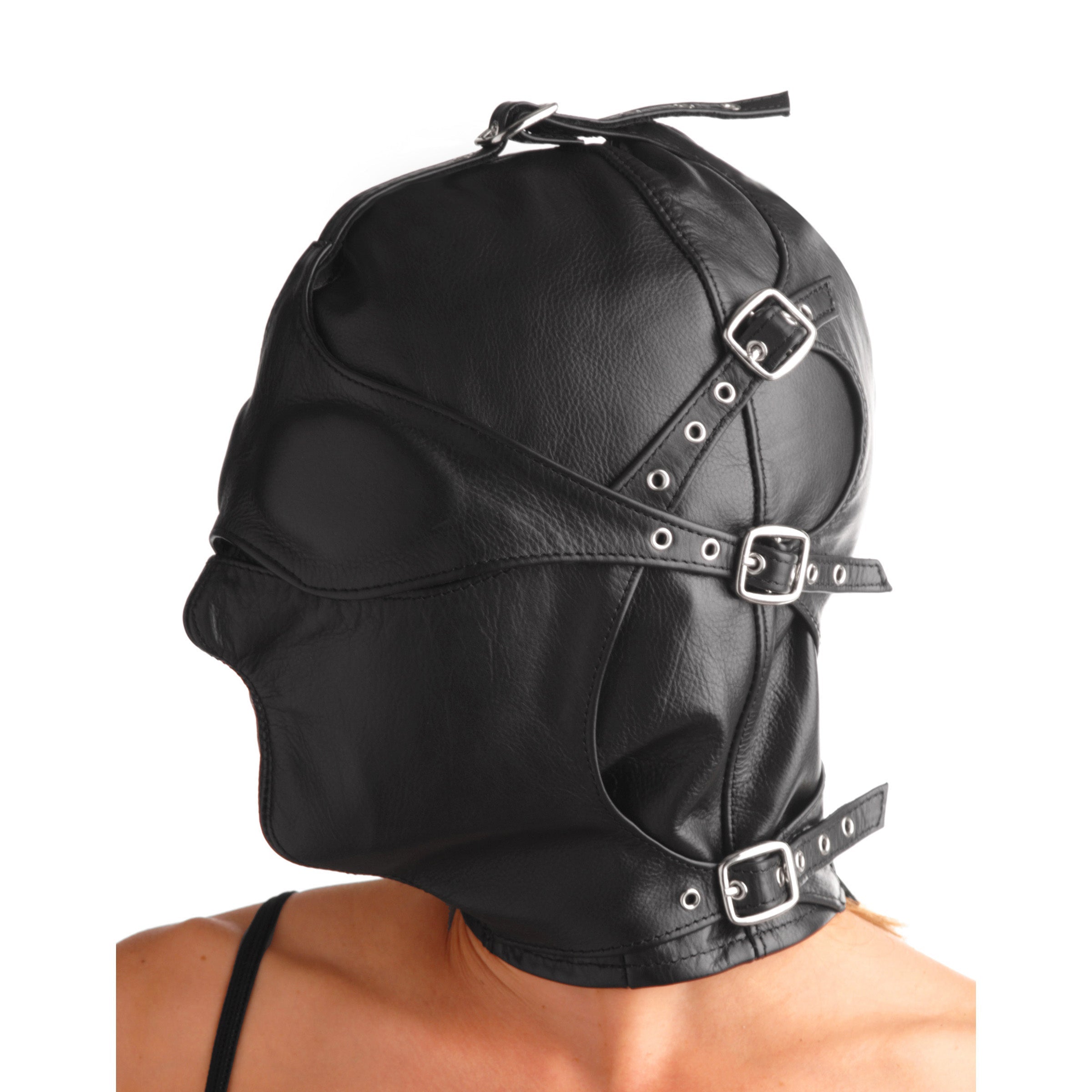 Close-up view of the Asylum Leather Hood with muzzle