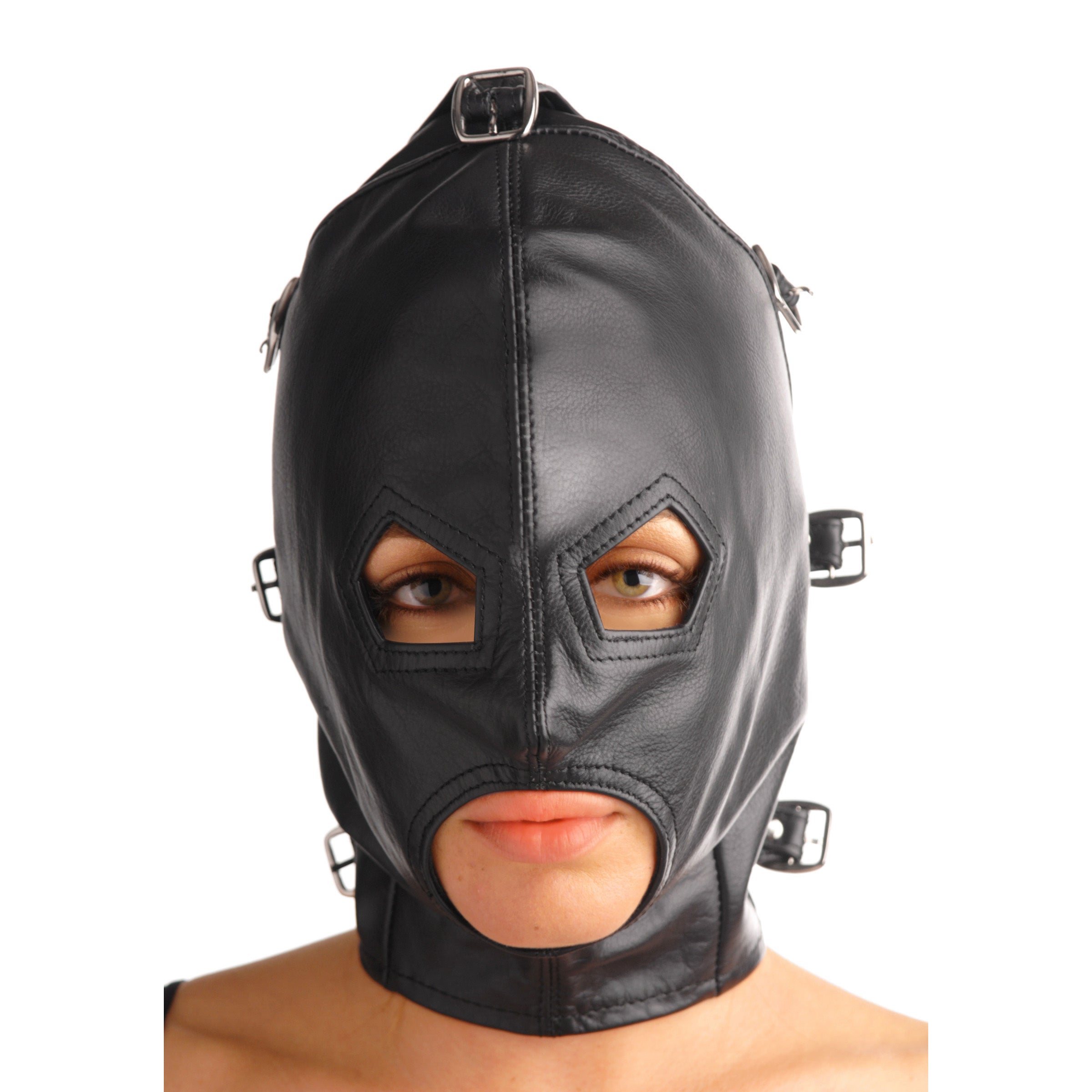 Asylum Leather Hood with detachable blindfold on display