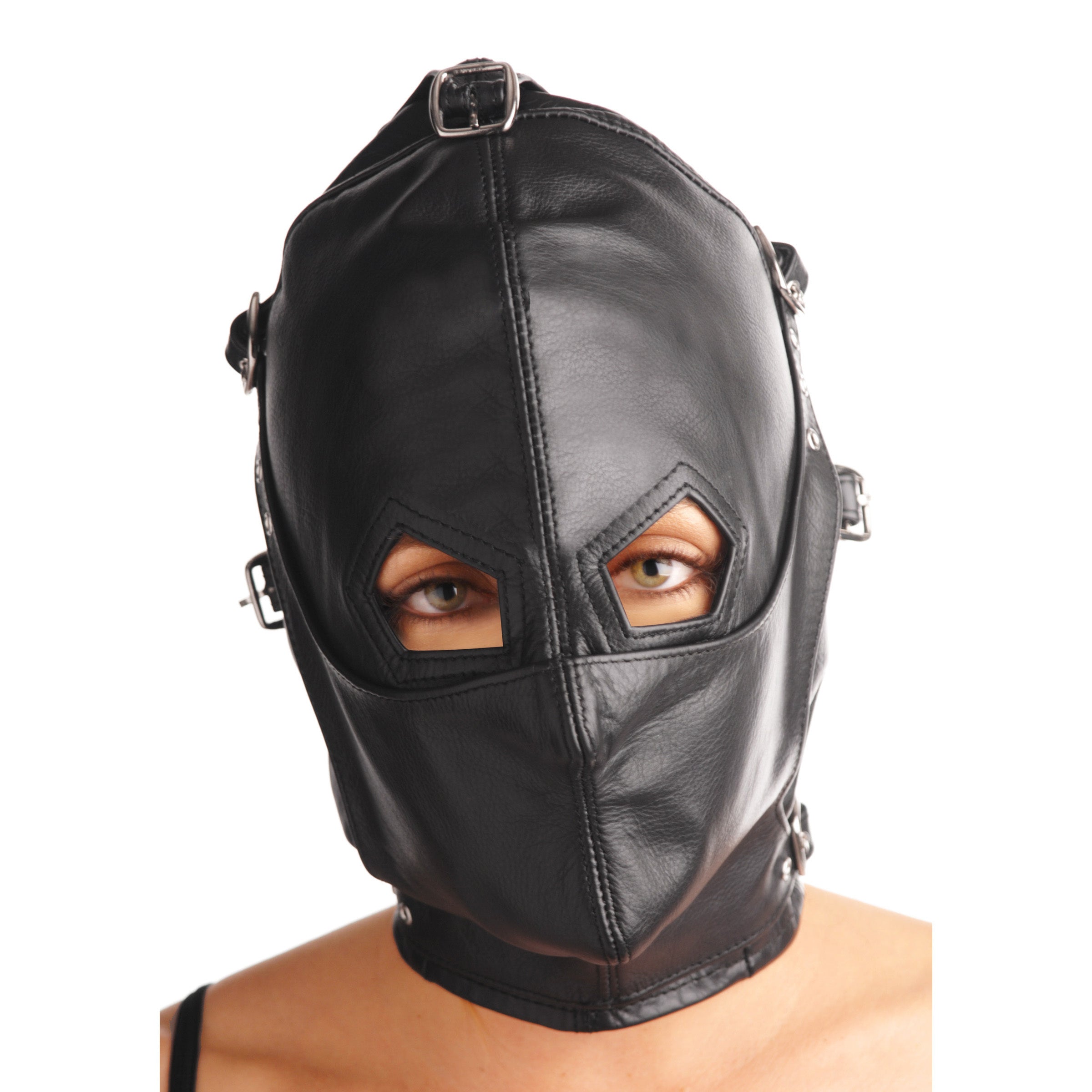 Side angle of the Asylum Leather Hood showcasing the removable features