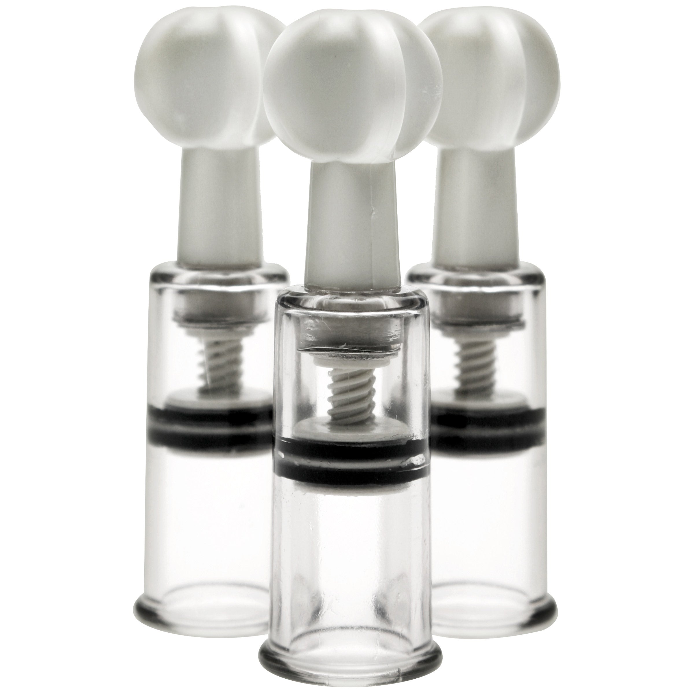 The Max Twist Clit and Nipple Triple Sucker Set with white caps displayed