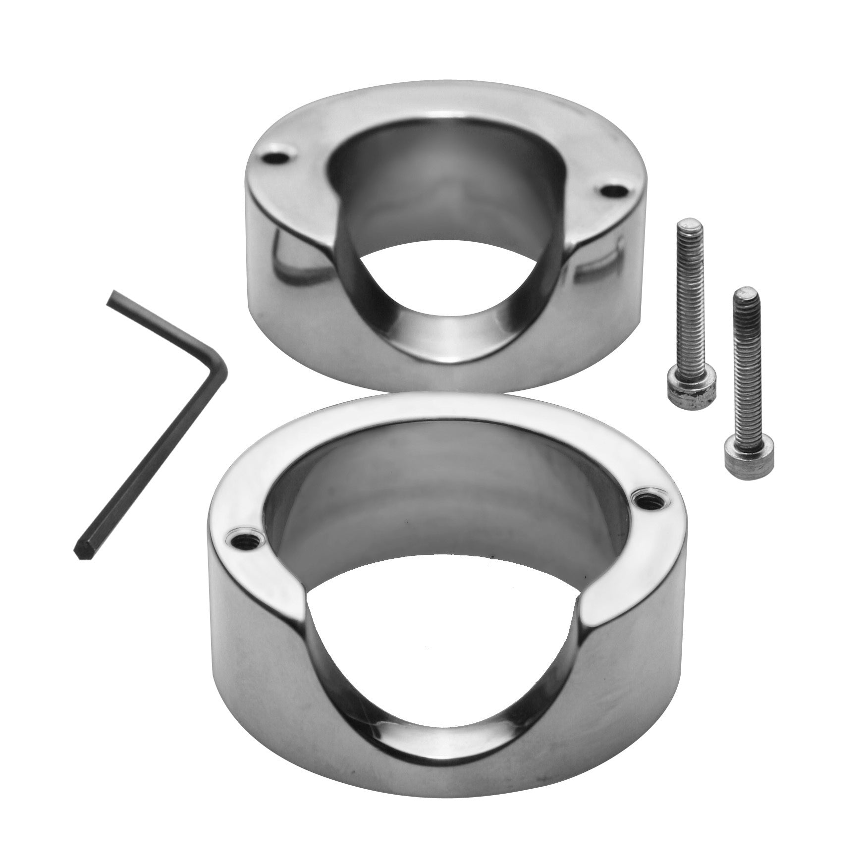 A stainless steel device with two rings and adjustment screws for male constraint