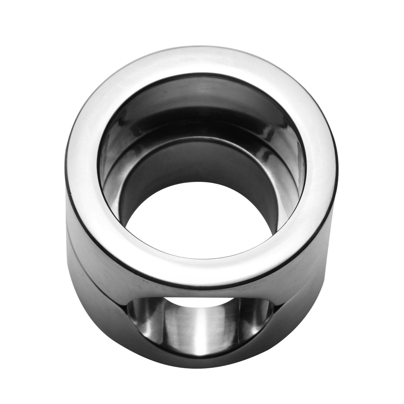 Detailed image of a stainless steel ring with a central aperture designed for male chastity