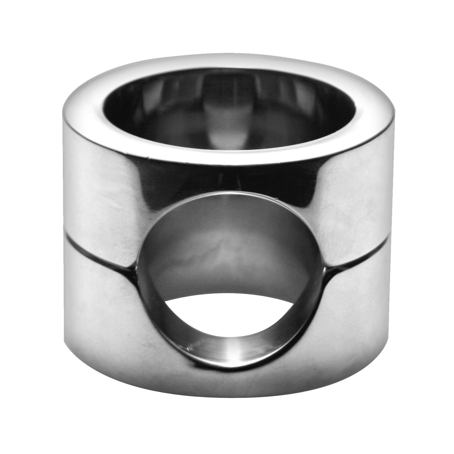 Close-up view of a single stainless steel ring with a central opening for penile confinement