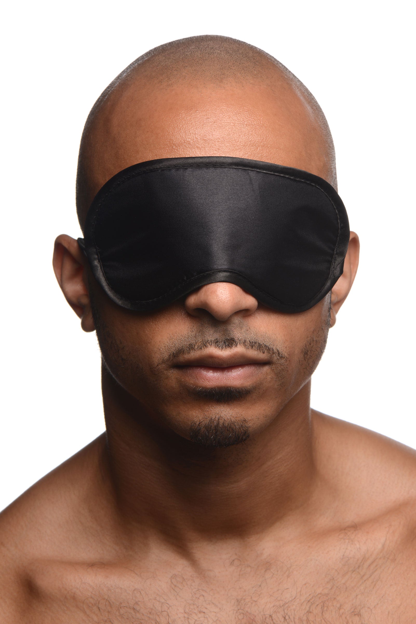 Male model showcasing black satin blindfold mask