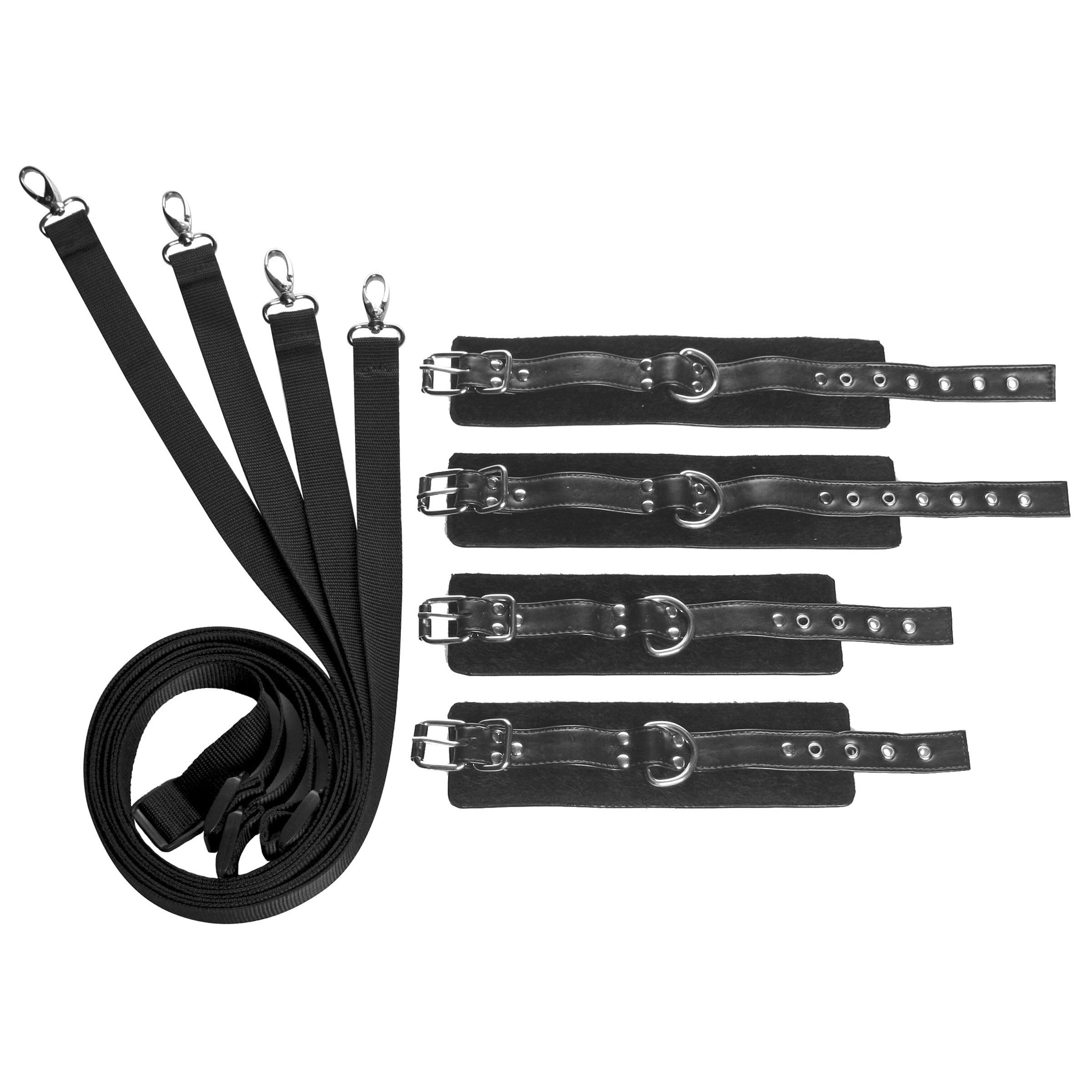 Four black leather straps with buckles, part of the Frisky Restraint Set