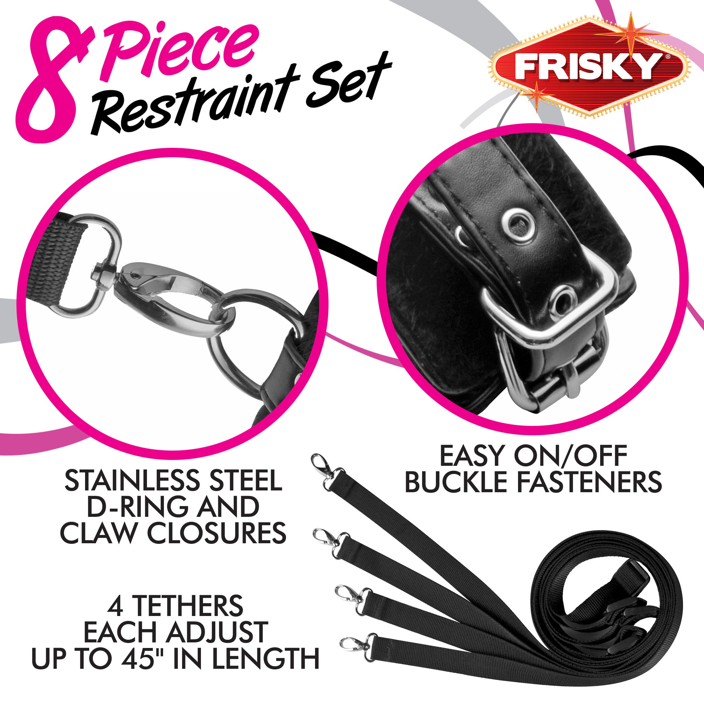 Components of the Frisky 8 Piece Restraint Set laid out on a surface