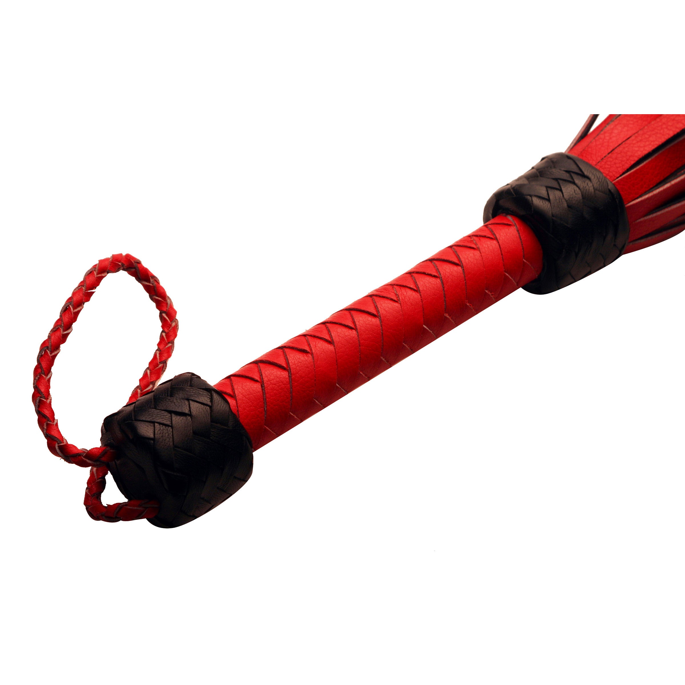 Close-up of a red leather flogger with black handle detailing