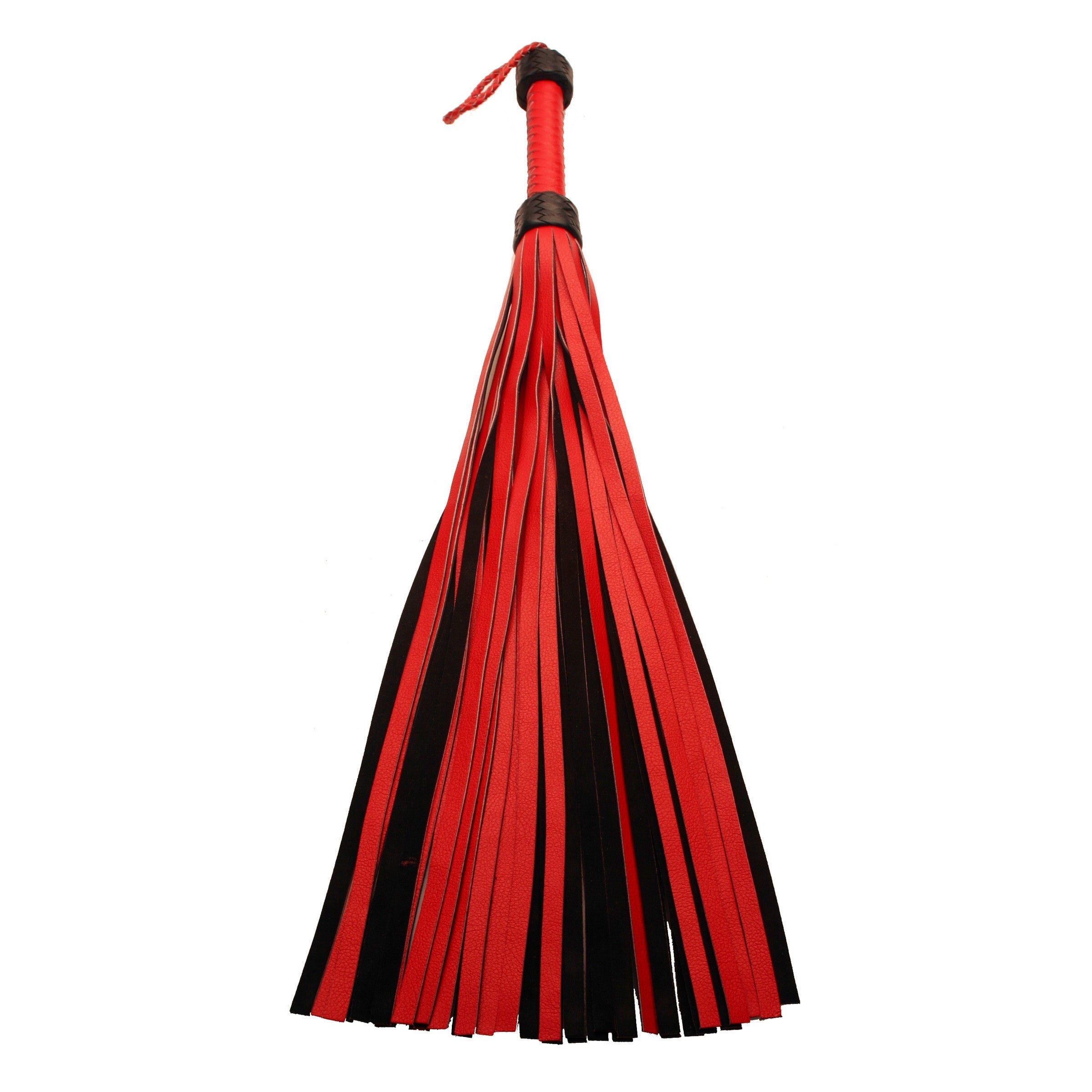 A red and black leather flogger with a sturdy black handle