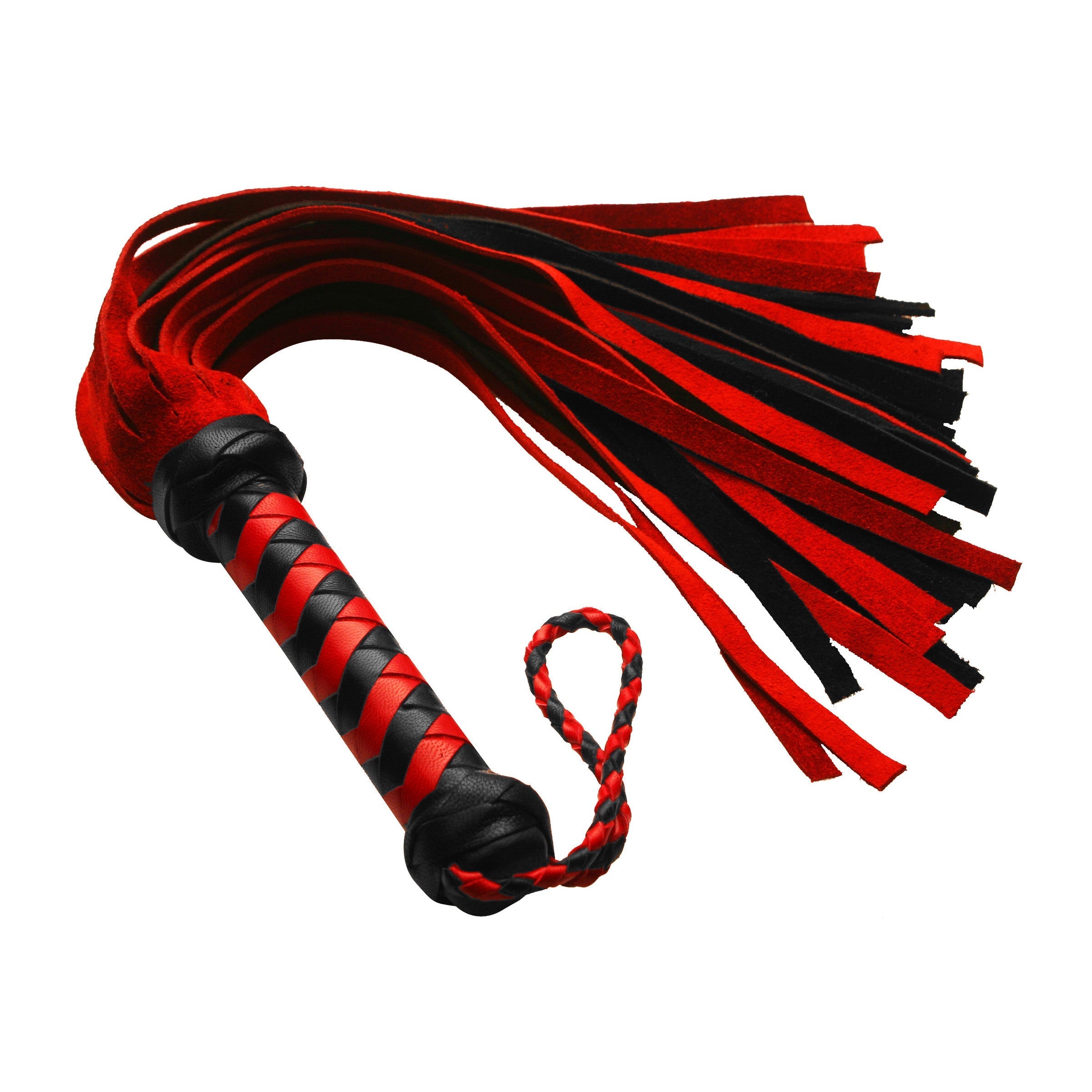 Short suede flogger with red and black tails and a black handle