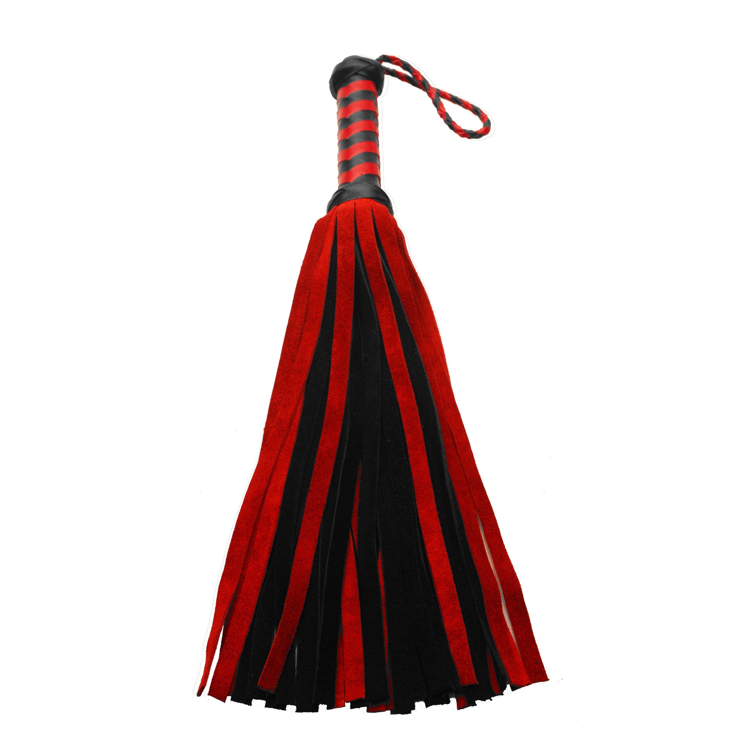 Close-up of a short suede flogger with red and black strands and a sturdy handle