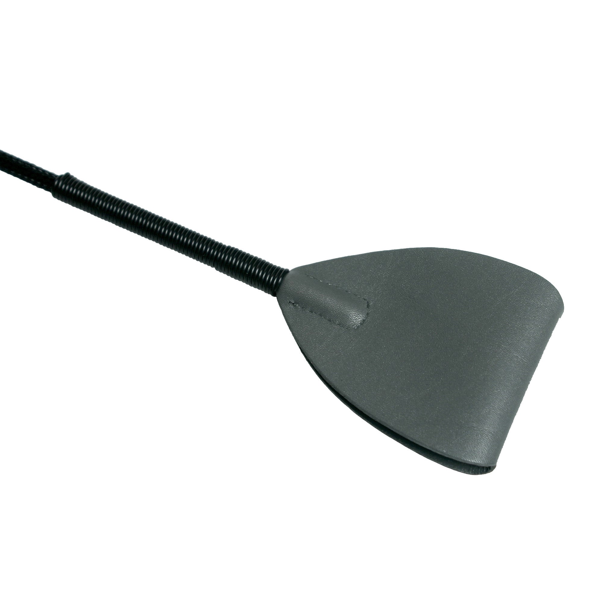 Close-up of the Shadow Grey Leather Riding Crop with a black grip