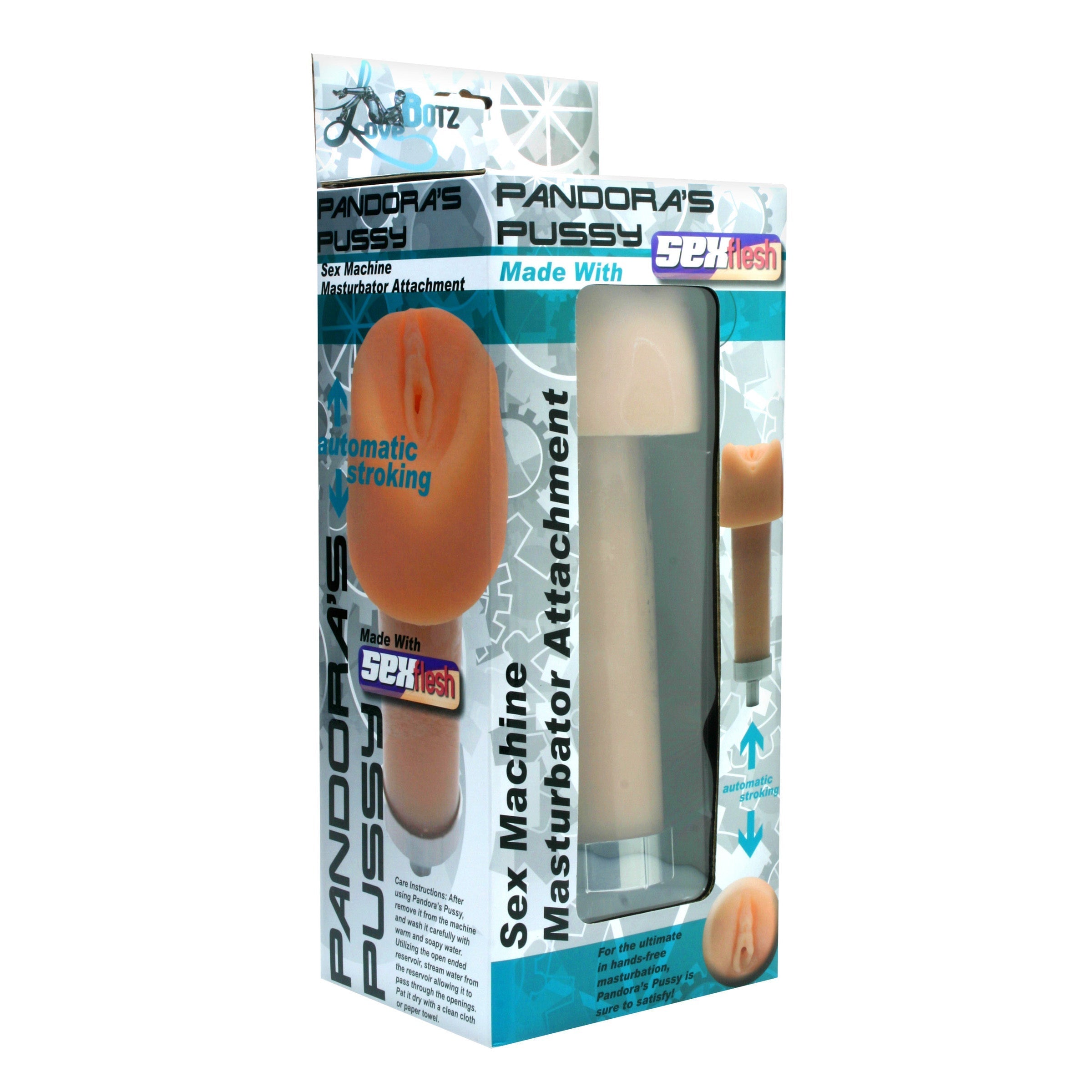 Packaging of the Pandoras Pussy Sex Machine Masturbator Attachment with product information