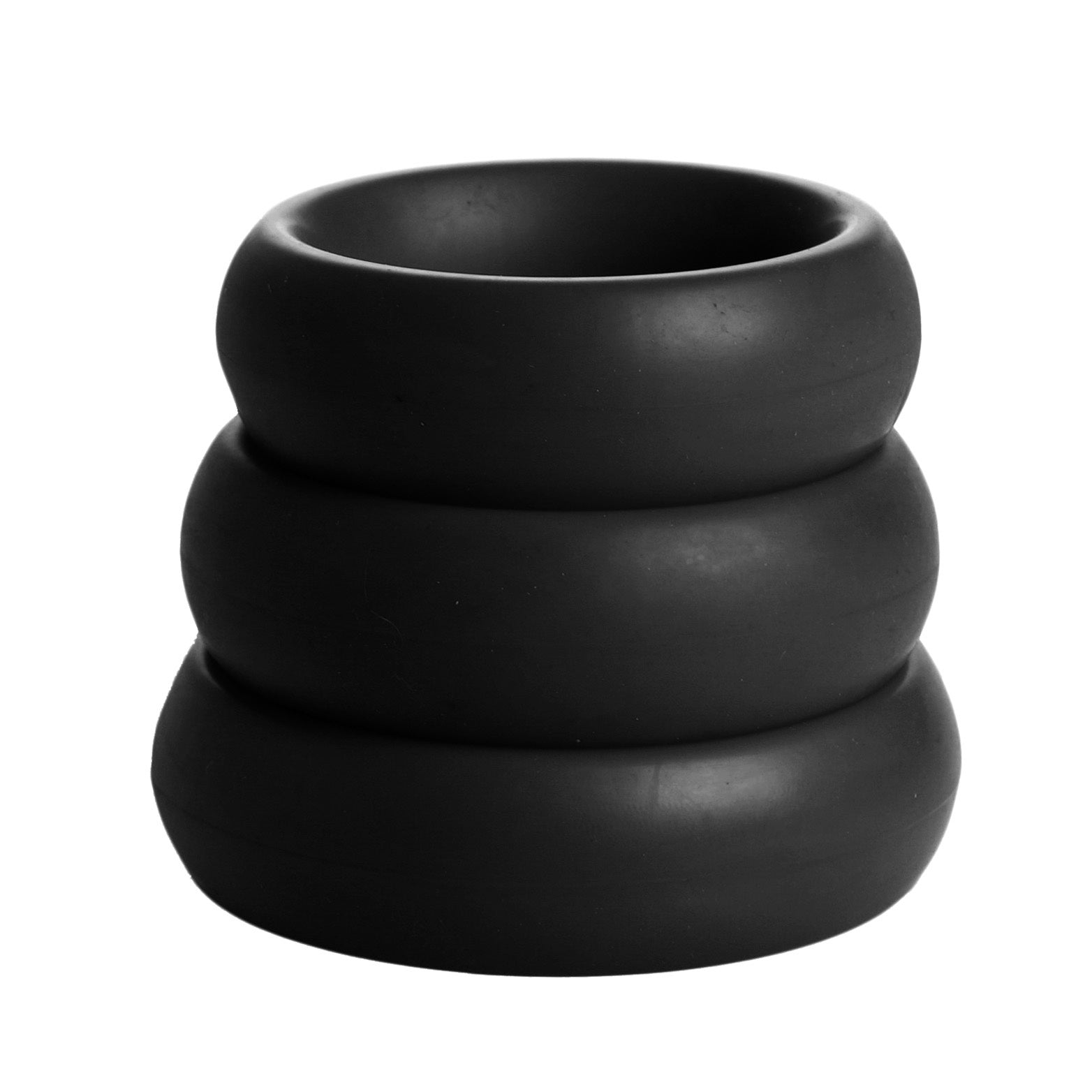 A trio of silicone cock rings in different sizes, displayed vertically