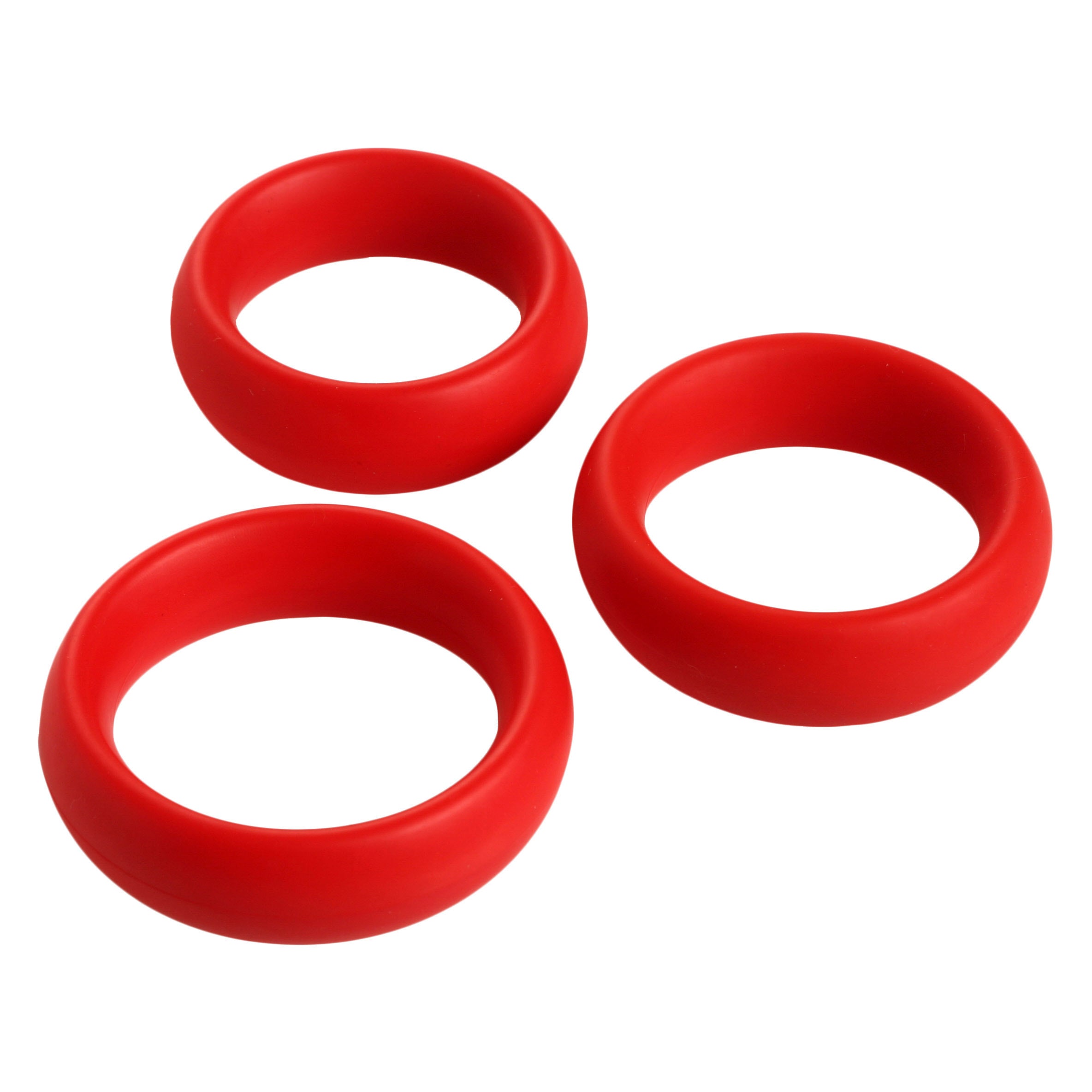 A set of three silicone cock rings in red, showcased on a white background