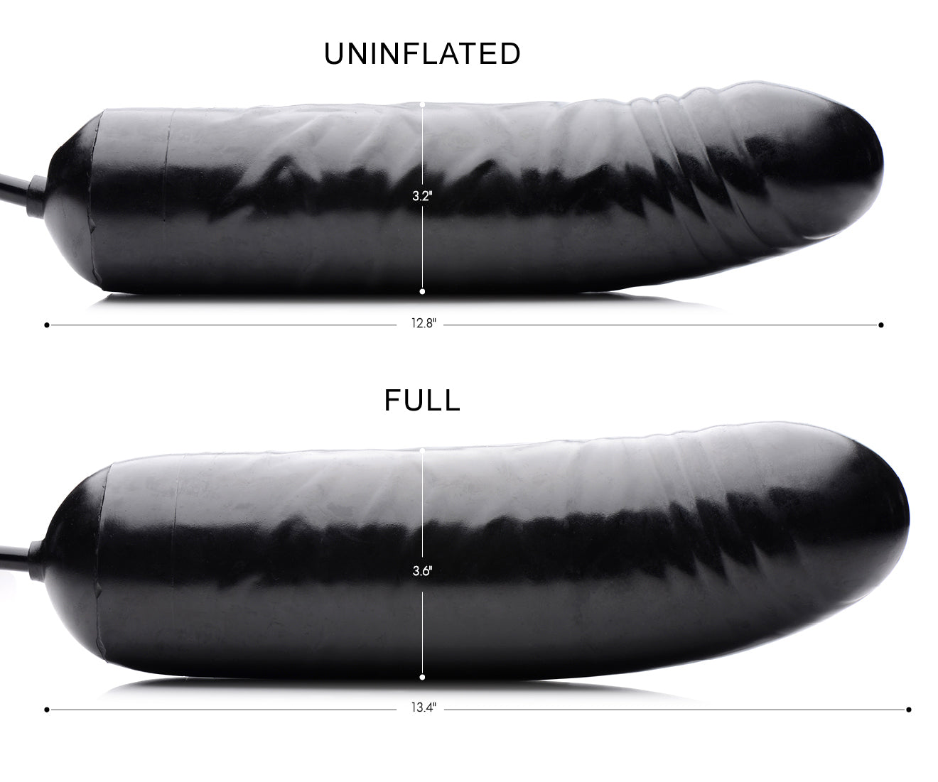 Inflatable XXL dildo with size dimensions displayed