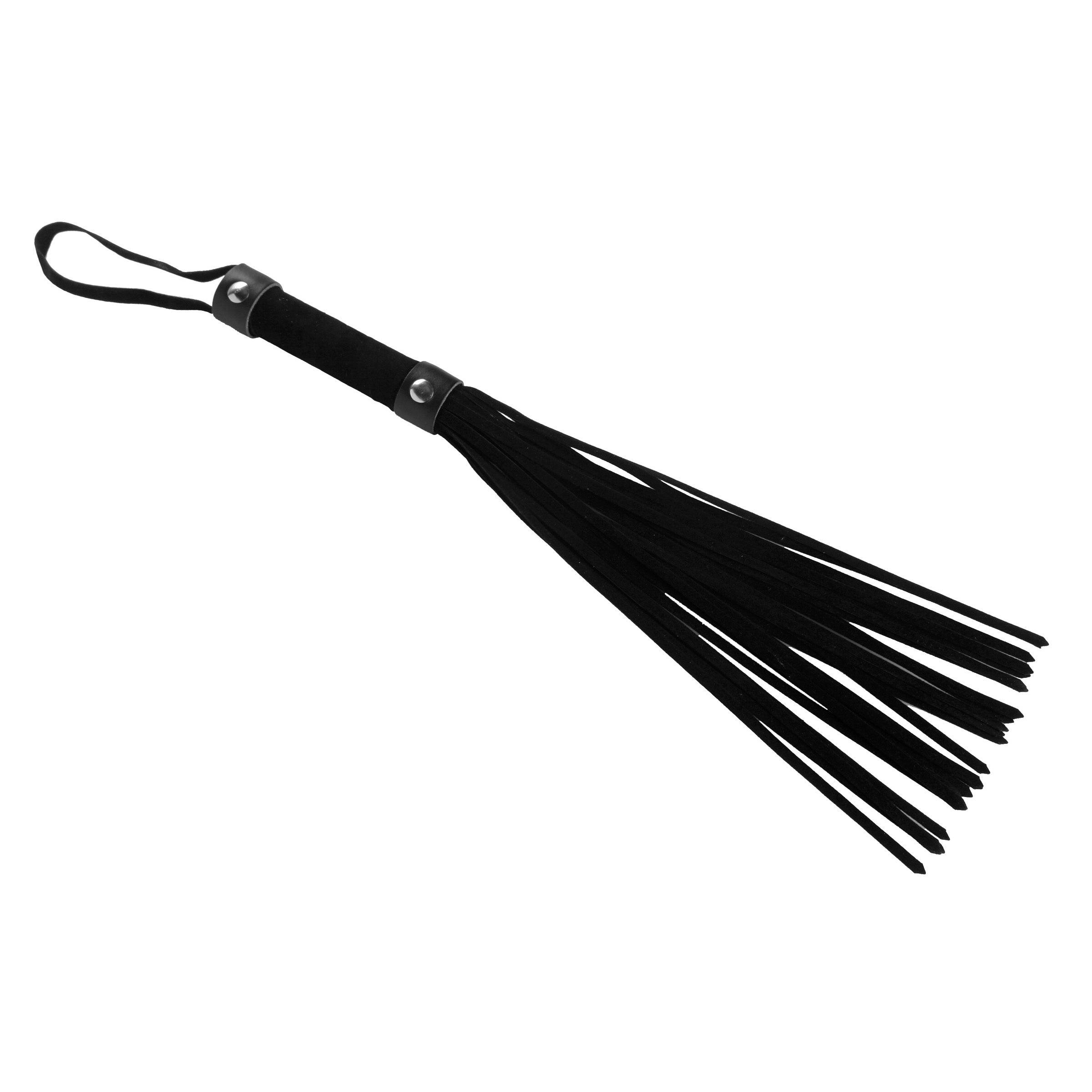 Close-up of the short suede flogger's black tails and metallic details