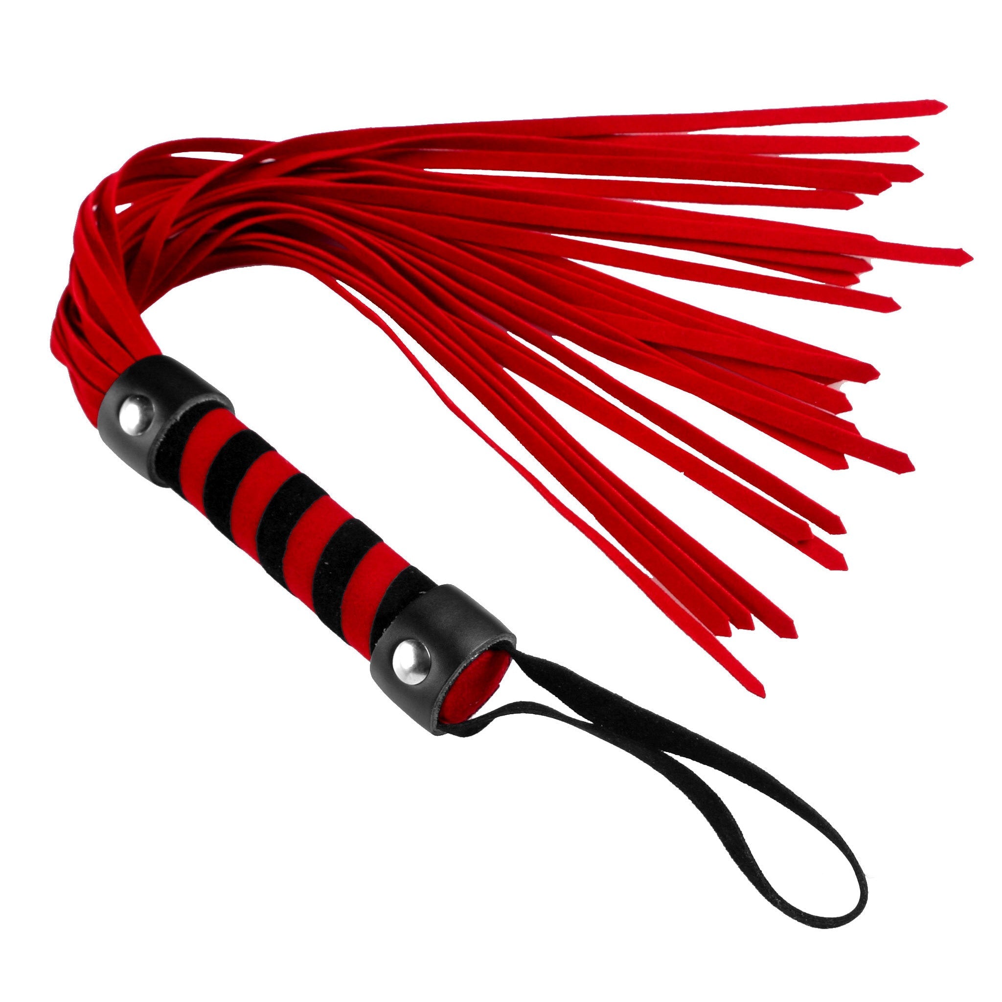 Red and black short suede flogger with a matching black wrist strap