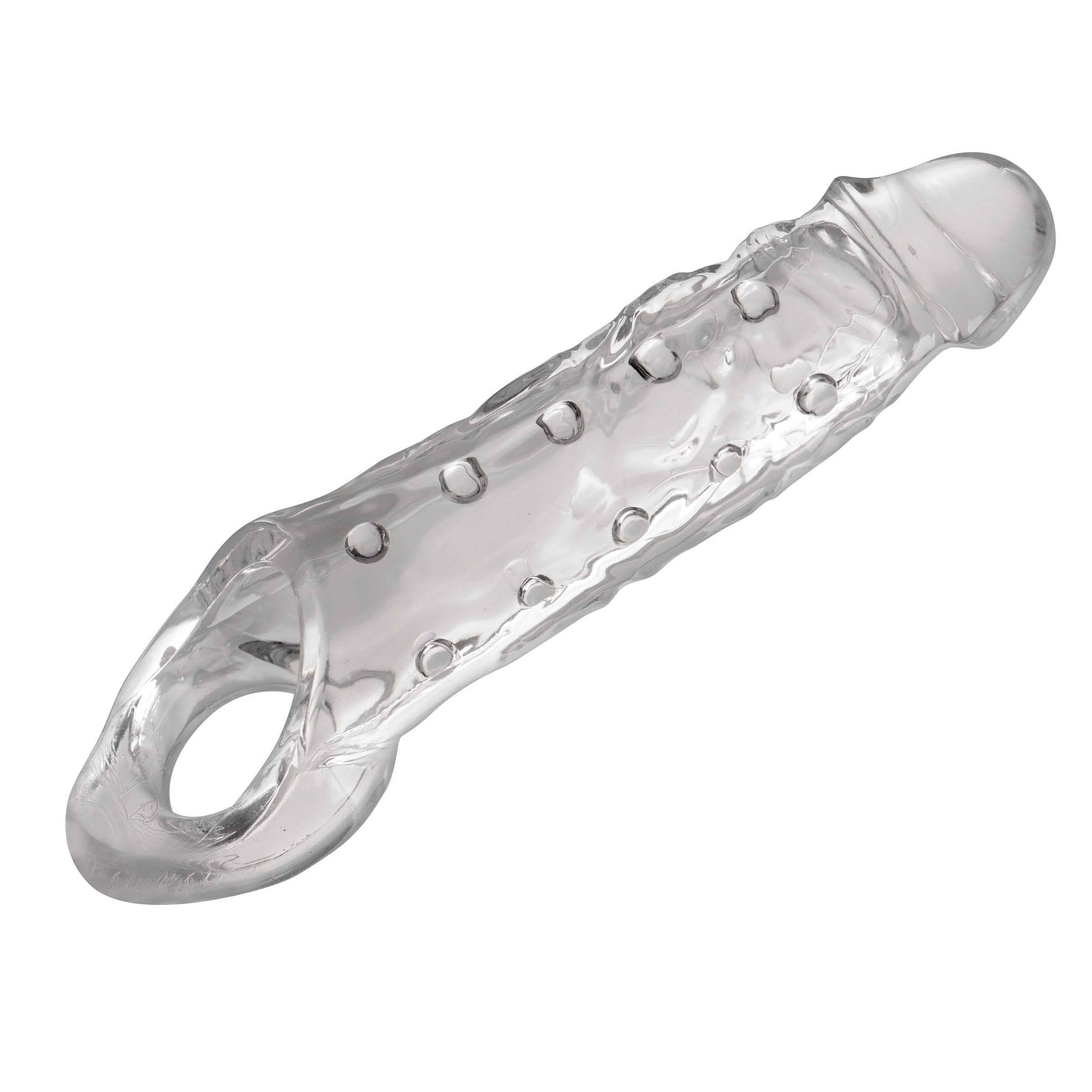 Transparent penis enhancer sleeve on a white background