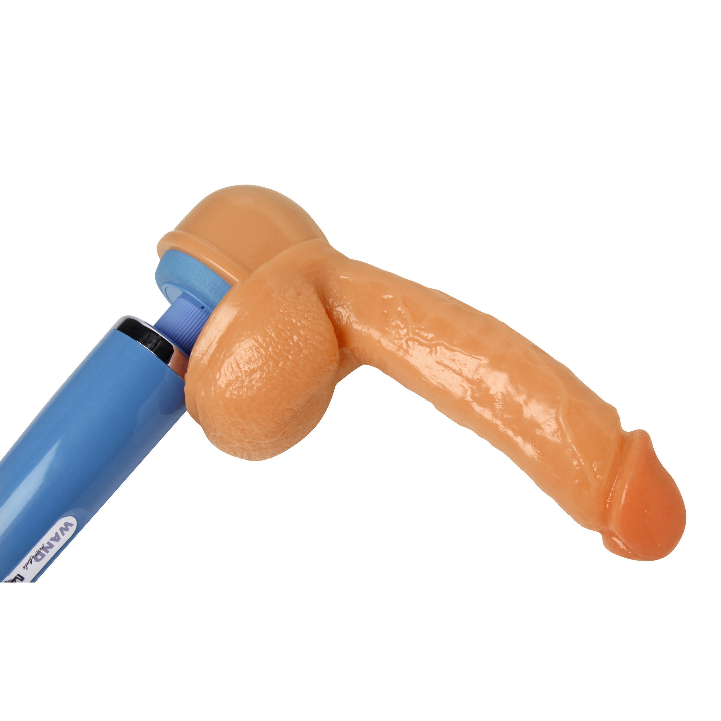 Close-up of the Ride-n-Vibe dildo attachment featuring a blue handle