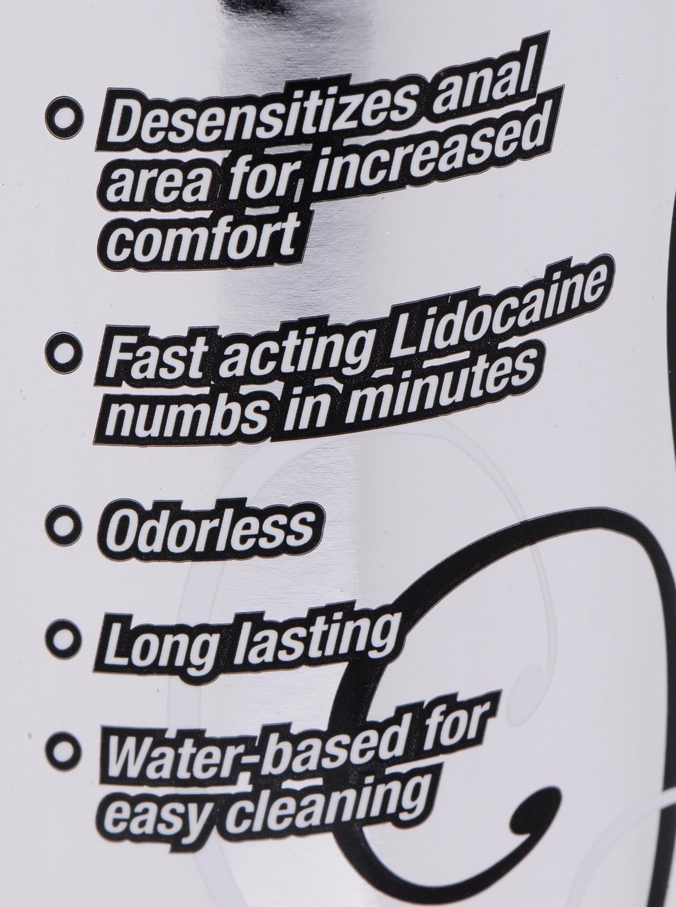 Detail of the instructions and ingredients on the Extra Strength Anal Desensitizing Lube 8.25 Oz. bottle label