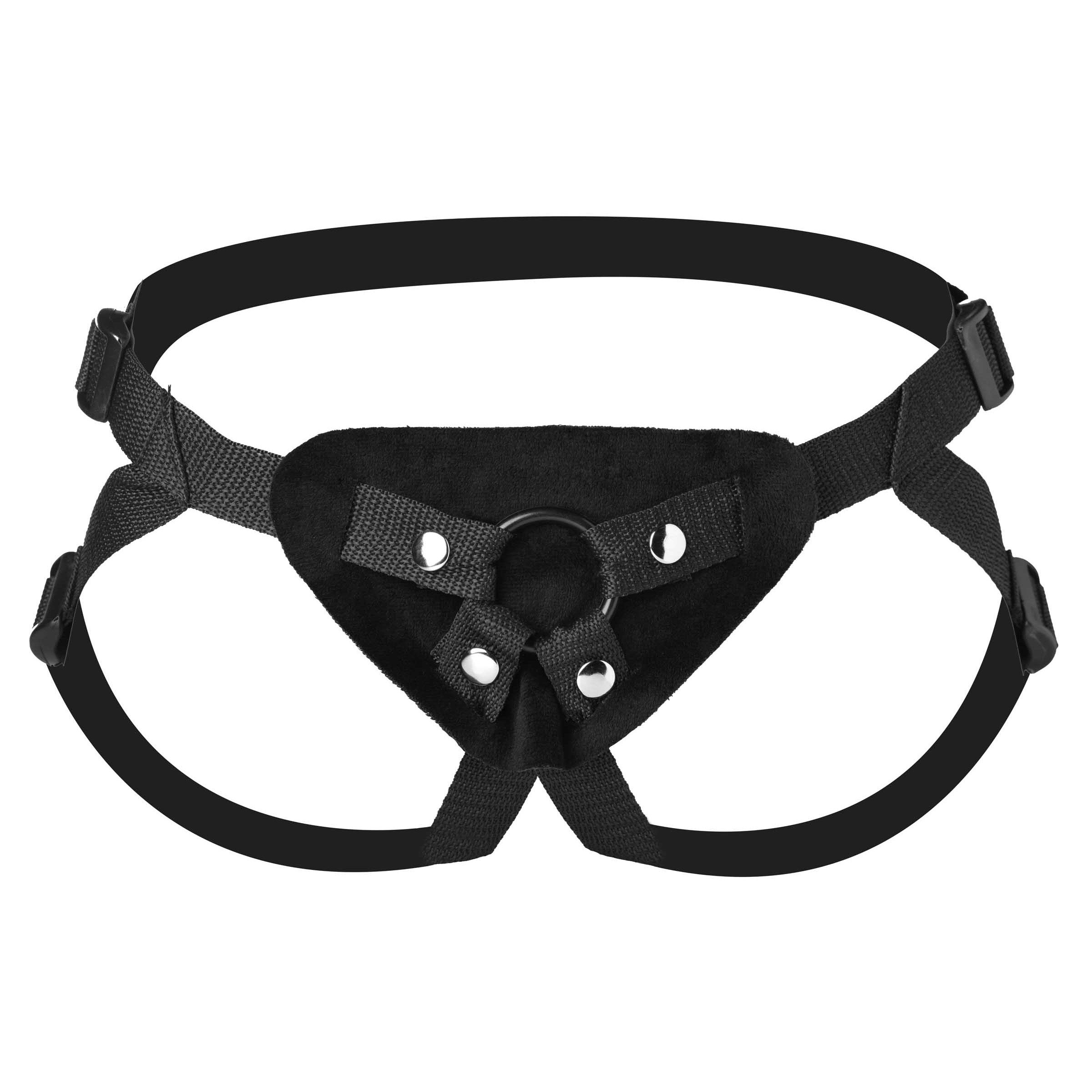 Adjustable strap-on harness in black material