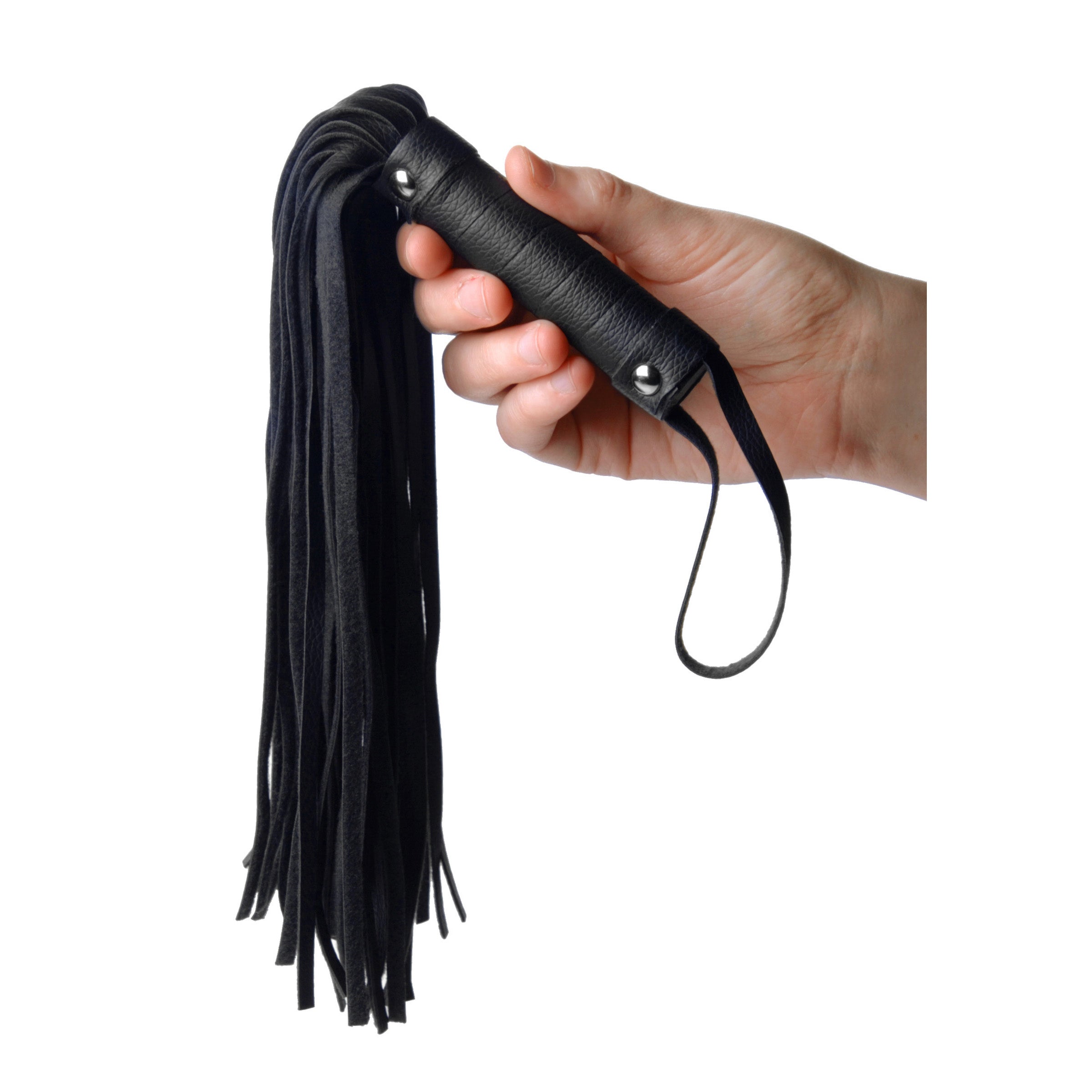 A hand gripping the handle of a Pleather Pleasure Mini Flogger