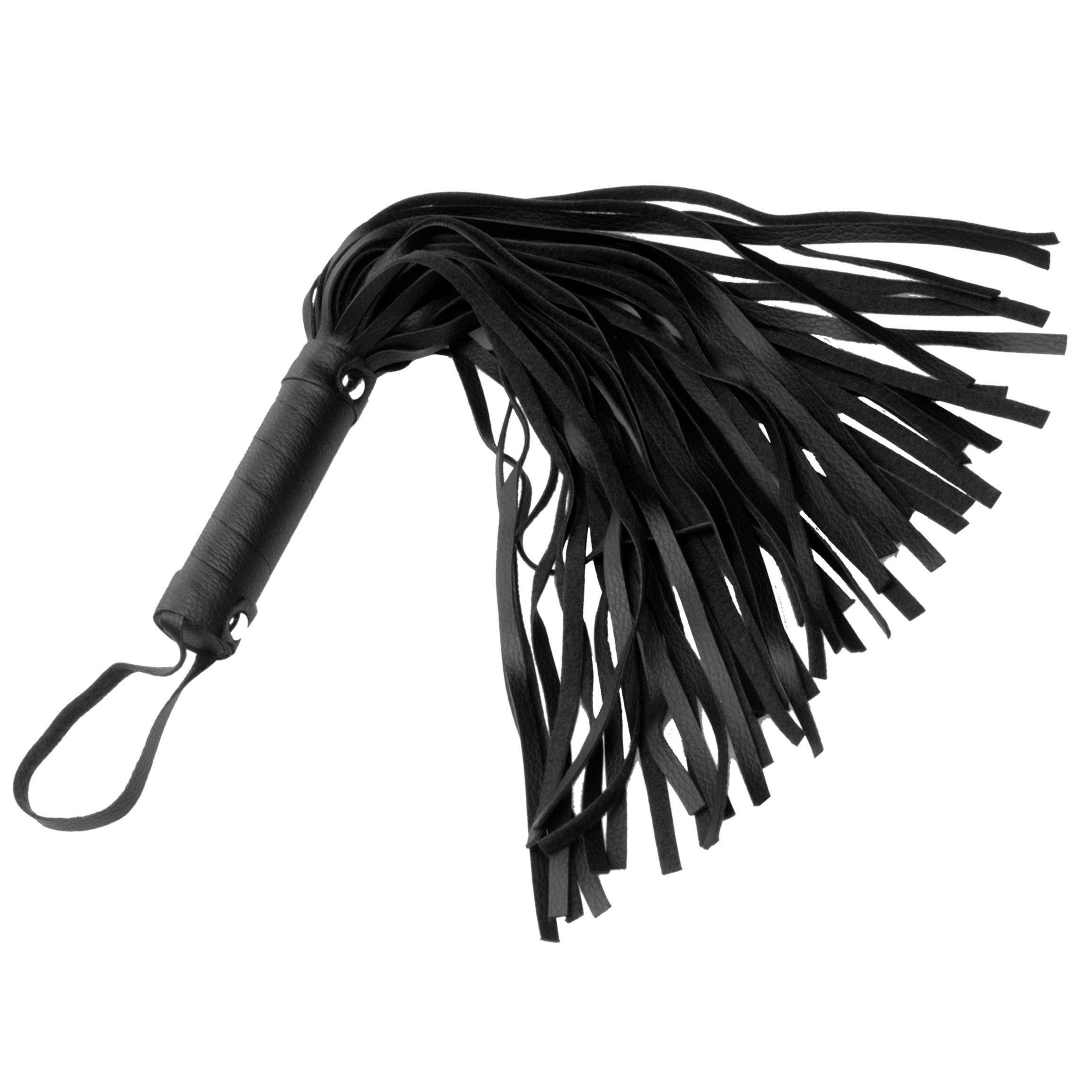 The Pleather Pleasure Mini Flogger with a focus on its black handle