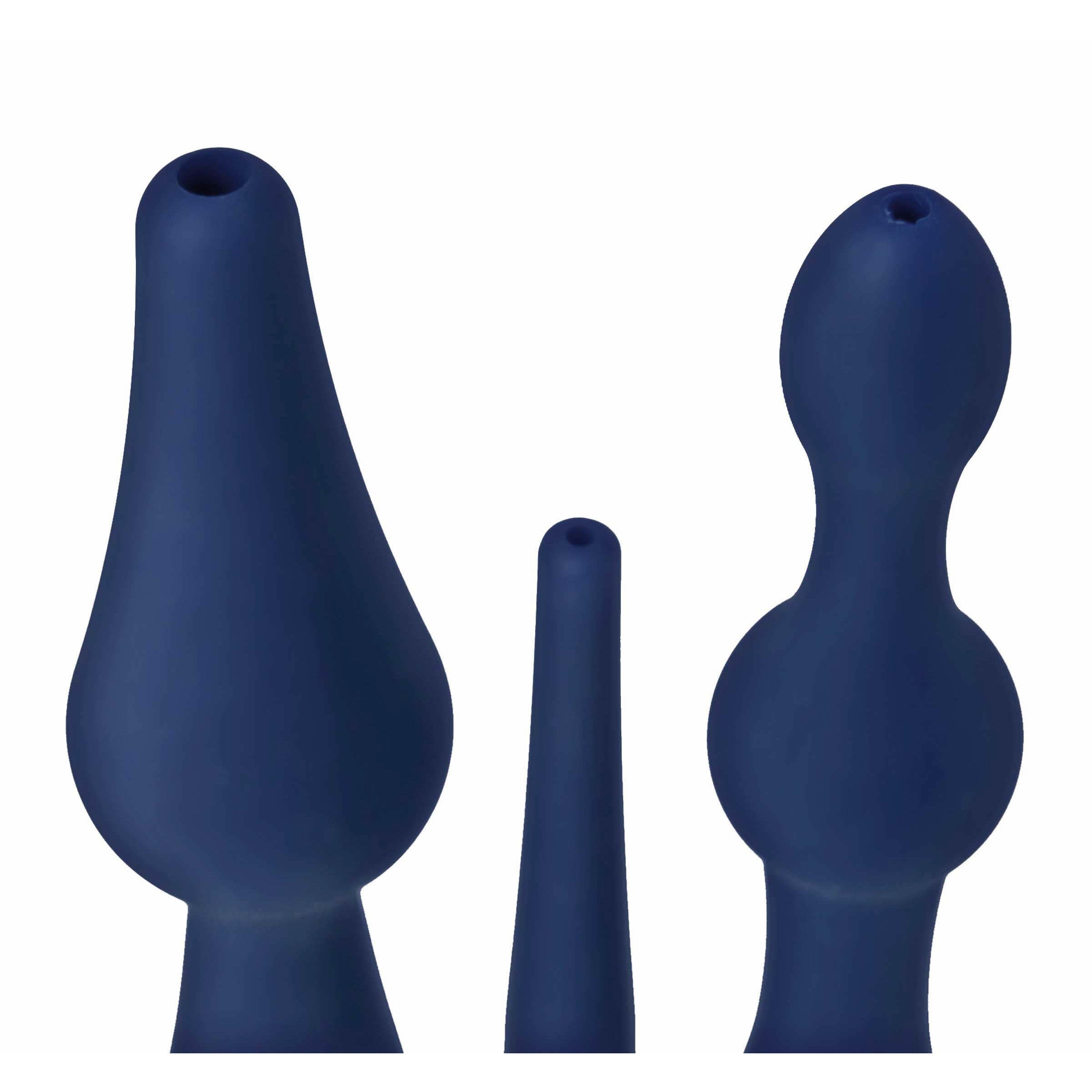 Trio of silicone enema nozzles from the Universal Attachment Set displayed on white