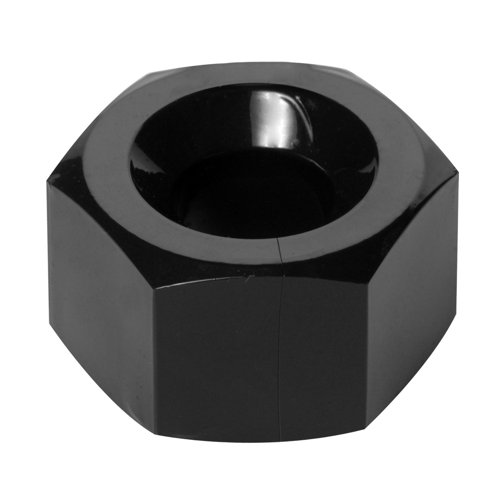 Close-up of the black hex heavy duty cock ring and ball stretcher on a white background