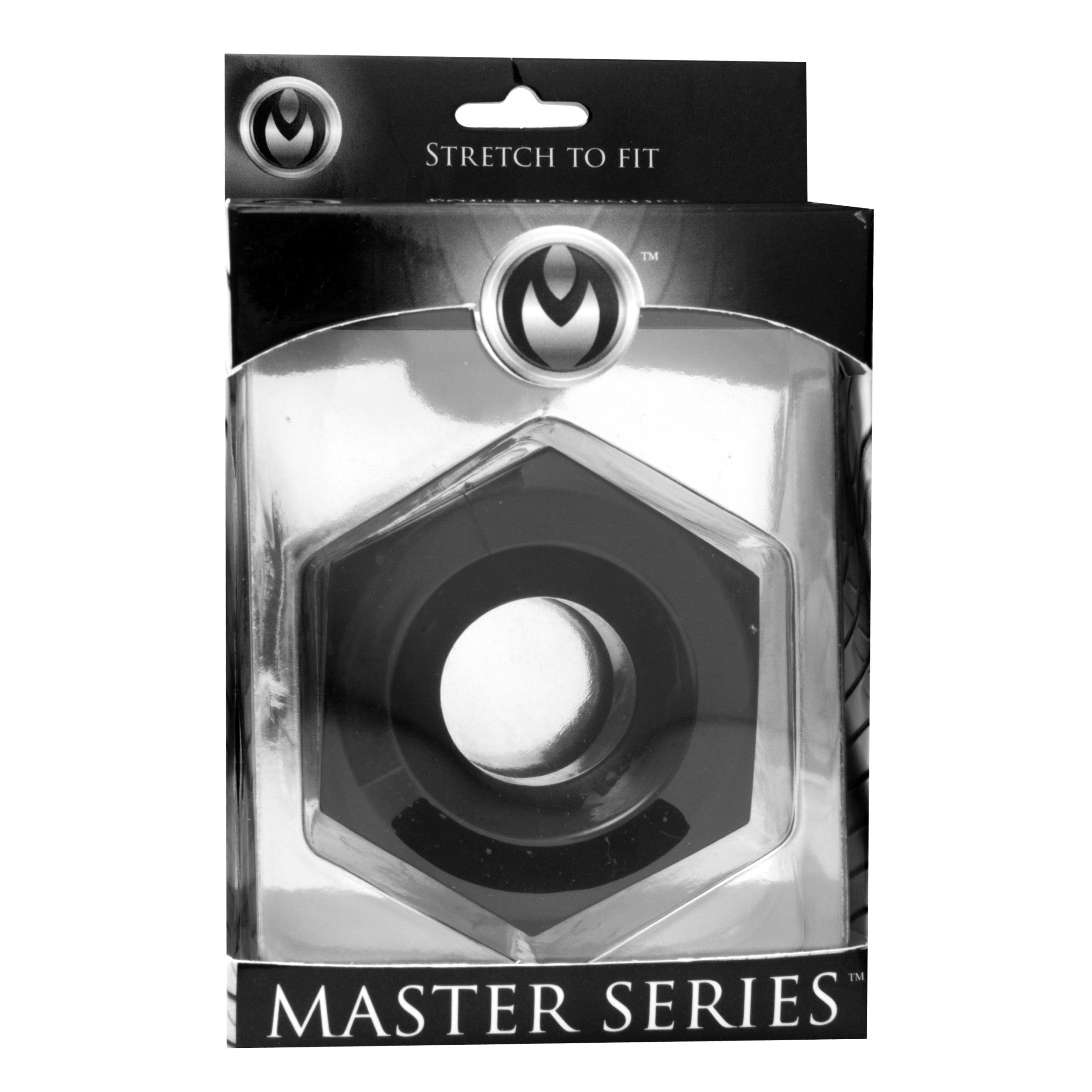 Packaging of the Master Series Hex Heavy Duty Cock Ring and Ball Stretcher