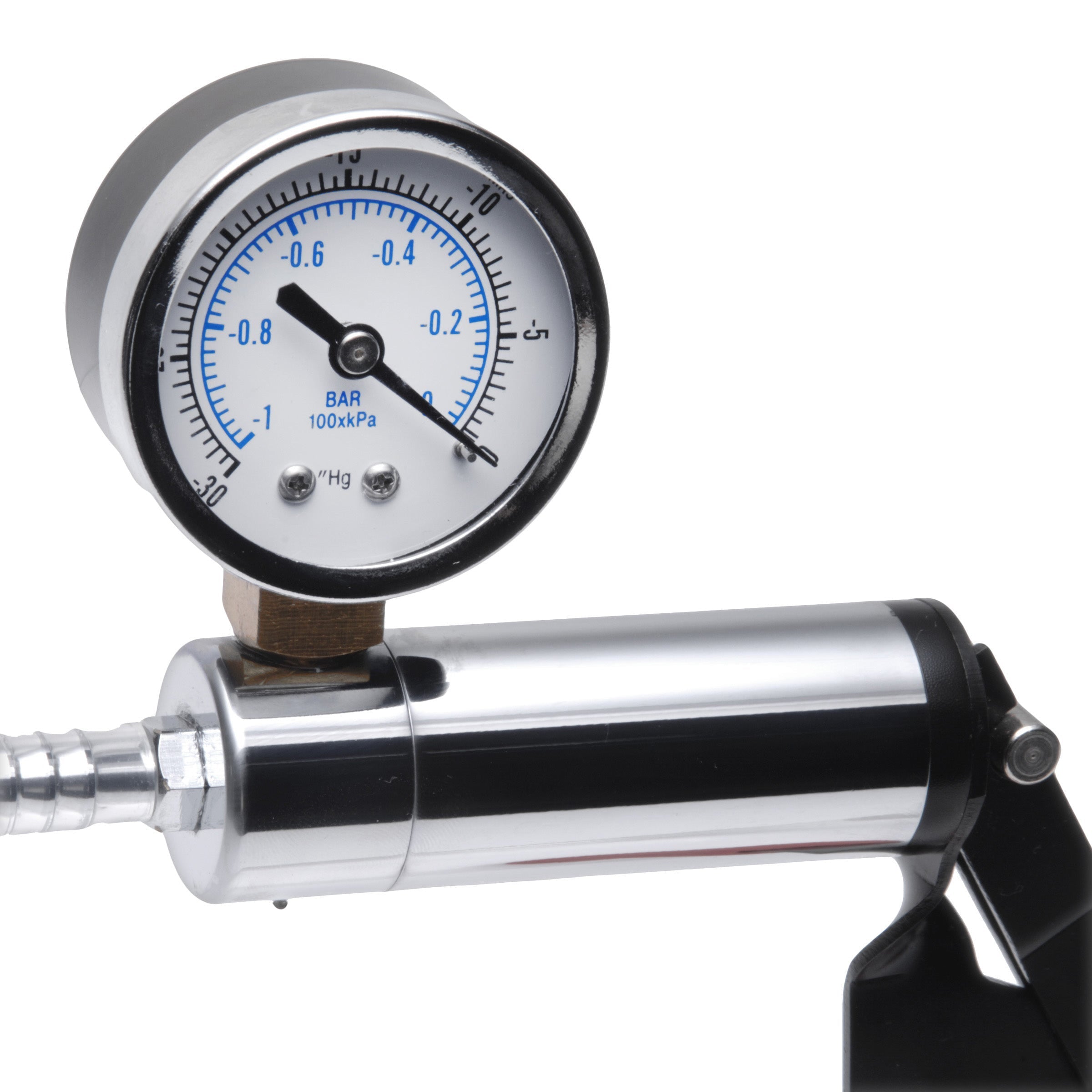 Close-up of the Deluxe Hand Pump Kit's pressure gauge mounted on a sturdy metal stand