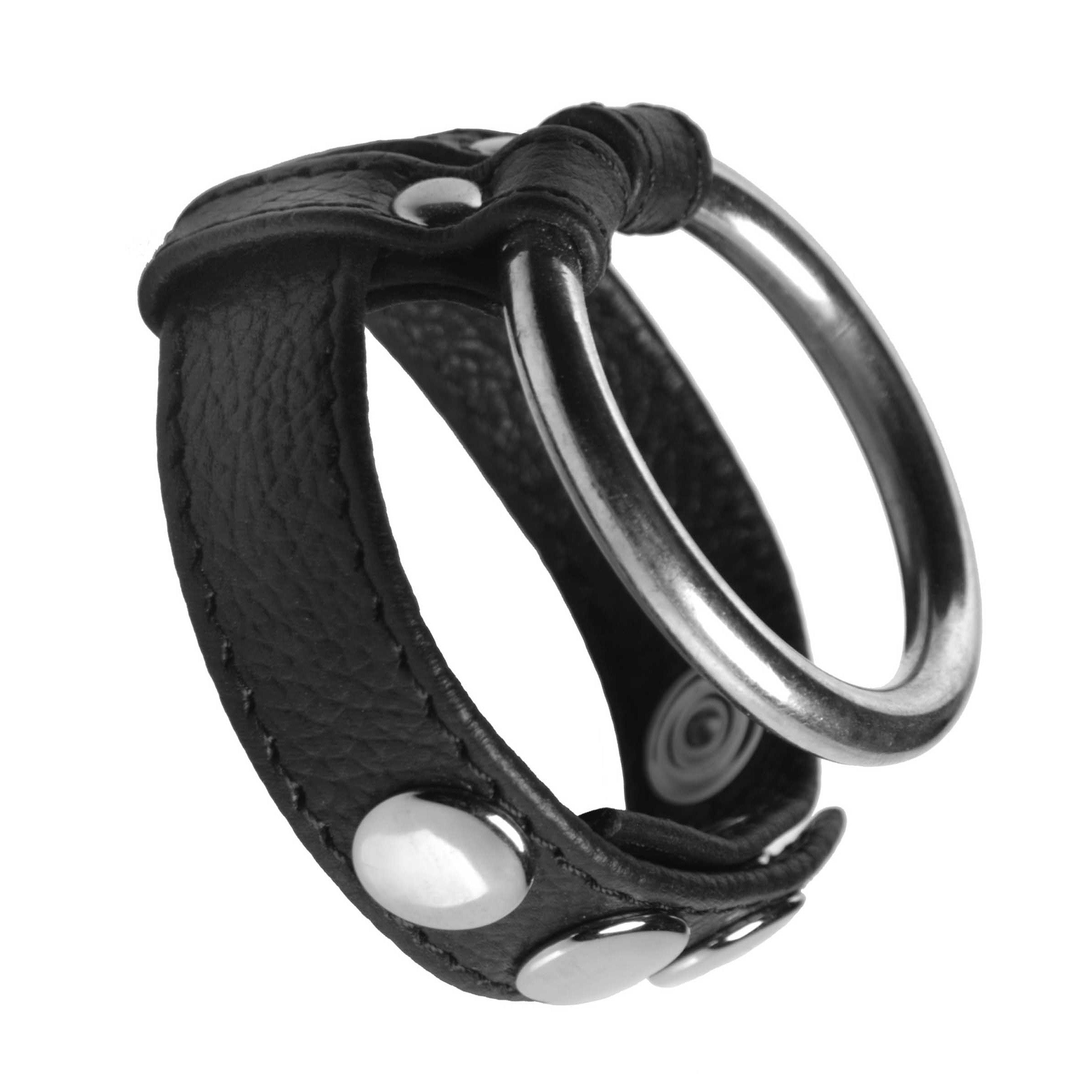 A close-up view of a black leather cock and ball ring with a steel accent