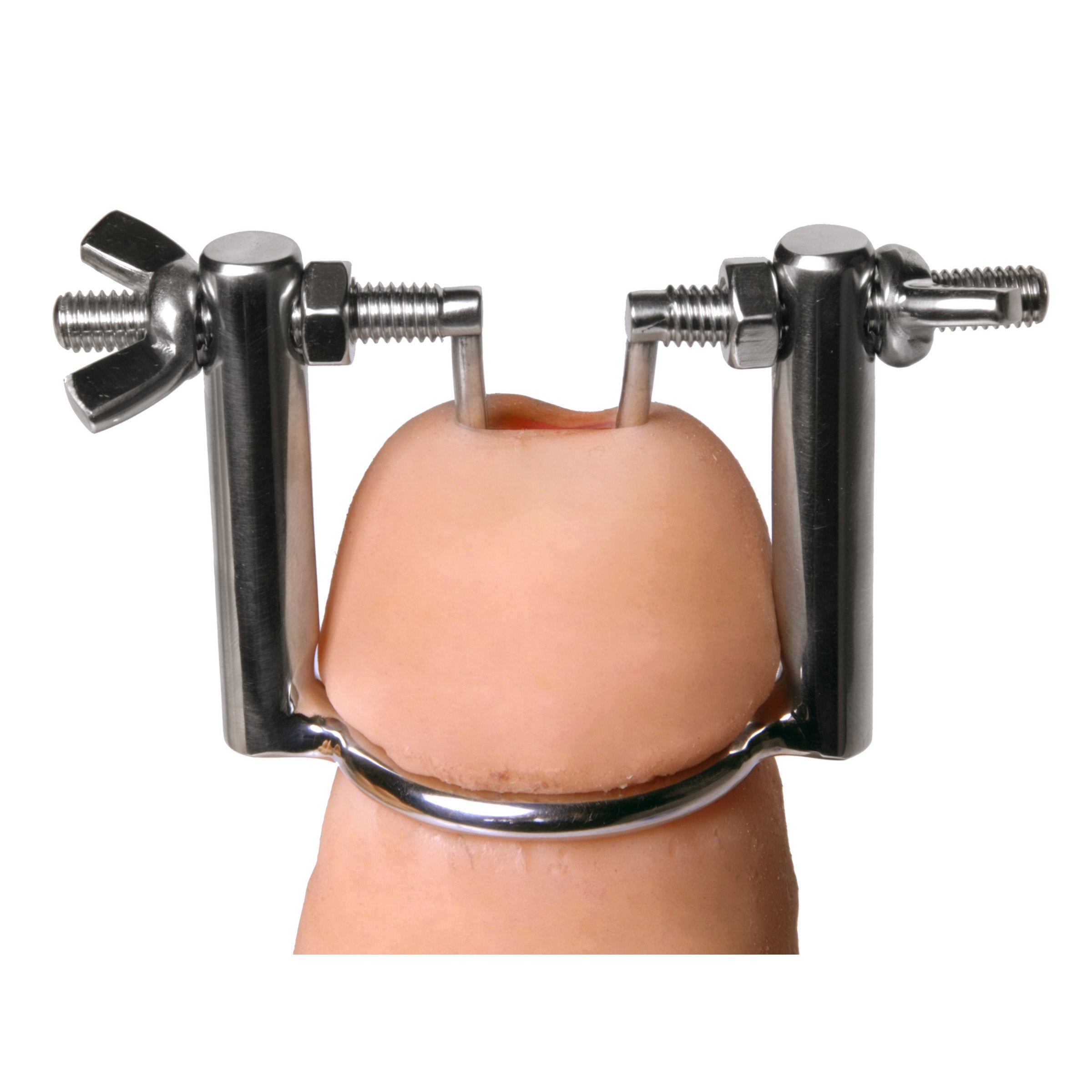 The Meat Cleaver urethral stretcher featuring a protective rubber coating on the clamp