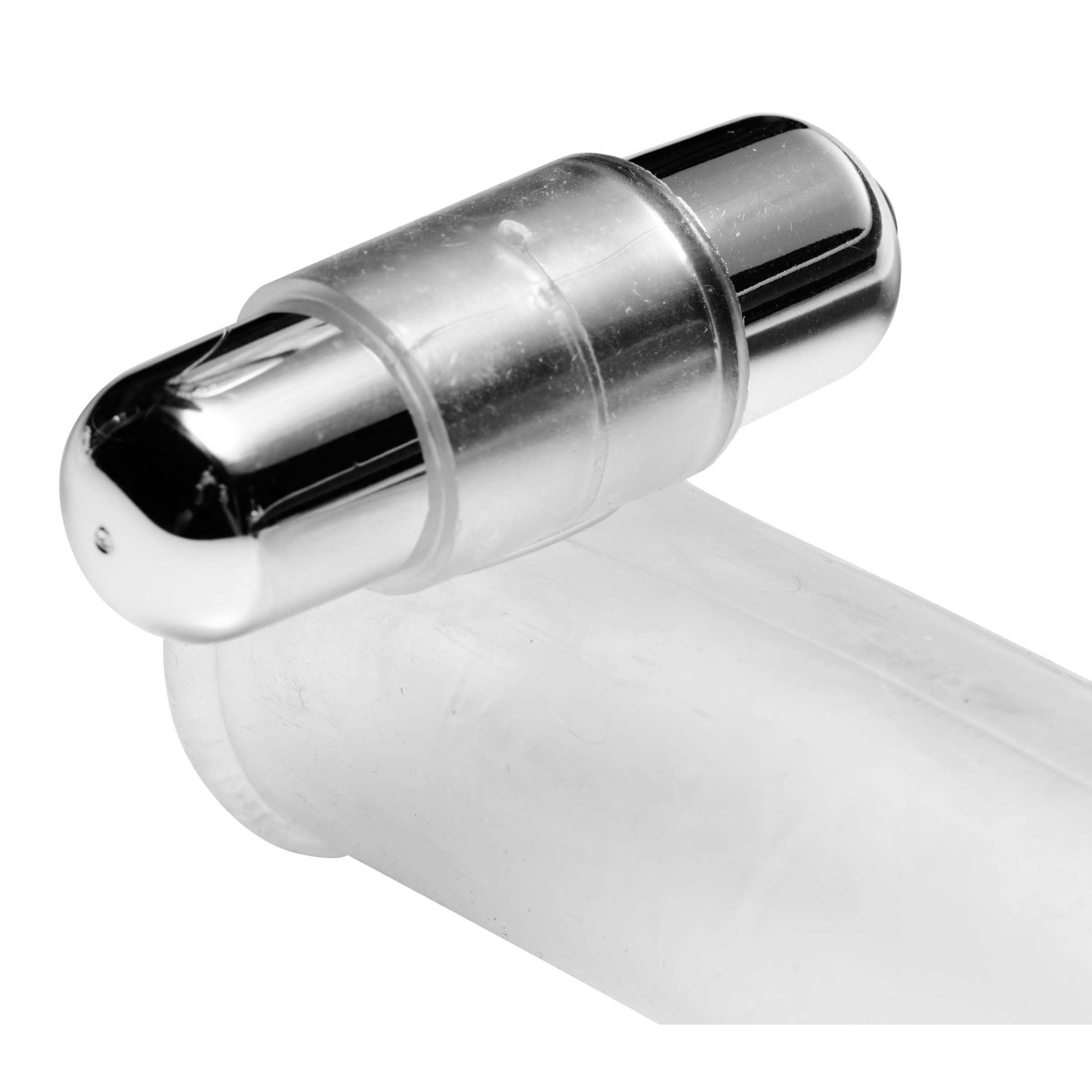 The Clear Sensations Penis Extender Vibro Sleeve with bullet vibrator insert shown from the side