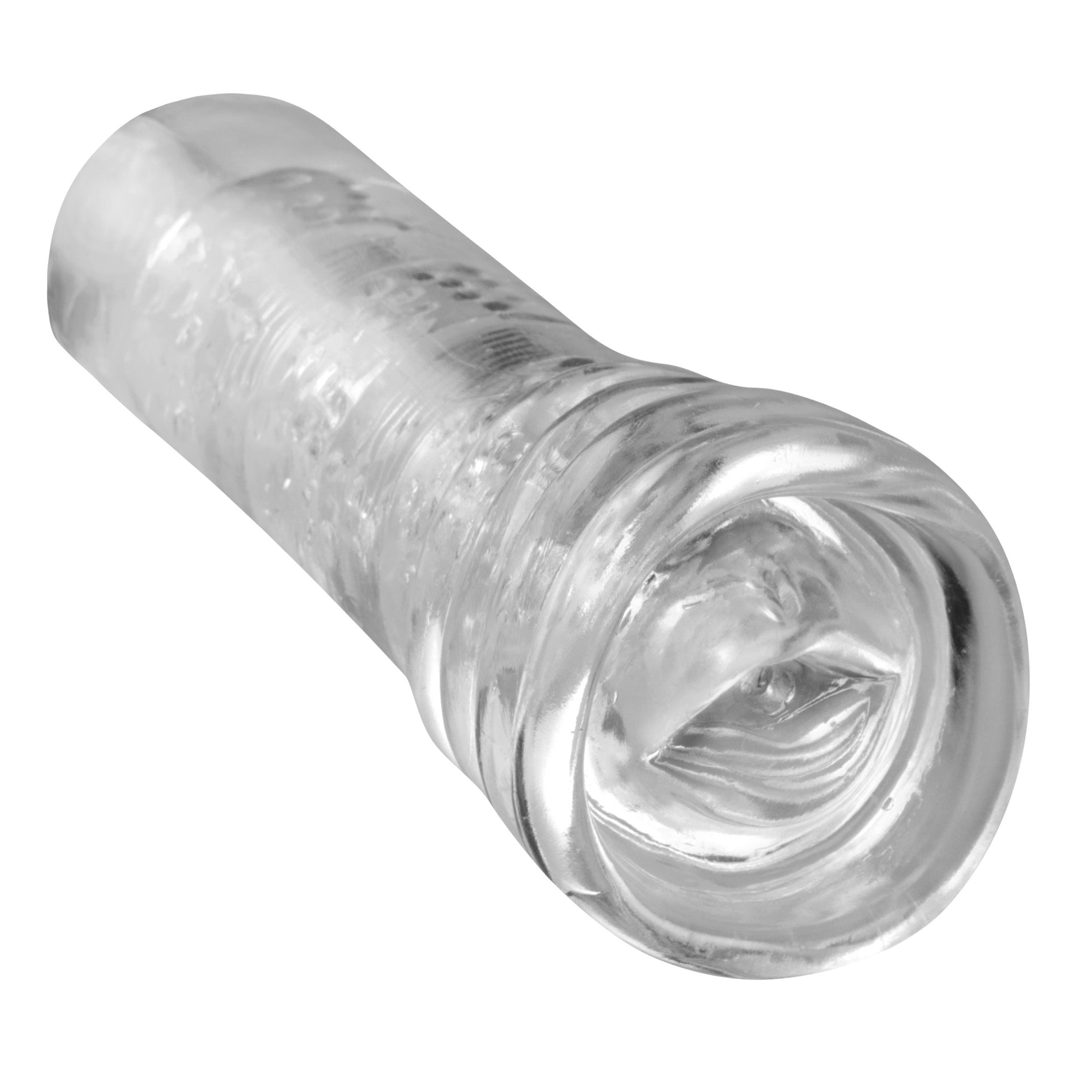 Transparent masturbation sleeve with textured interior