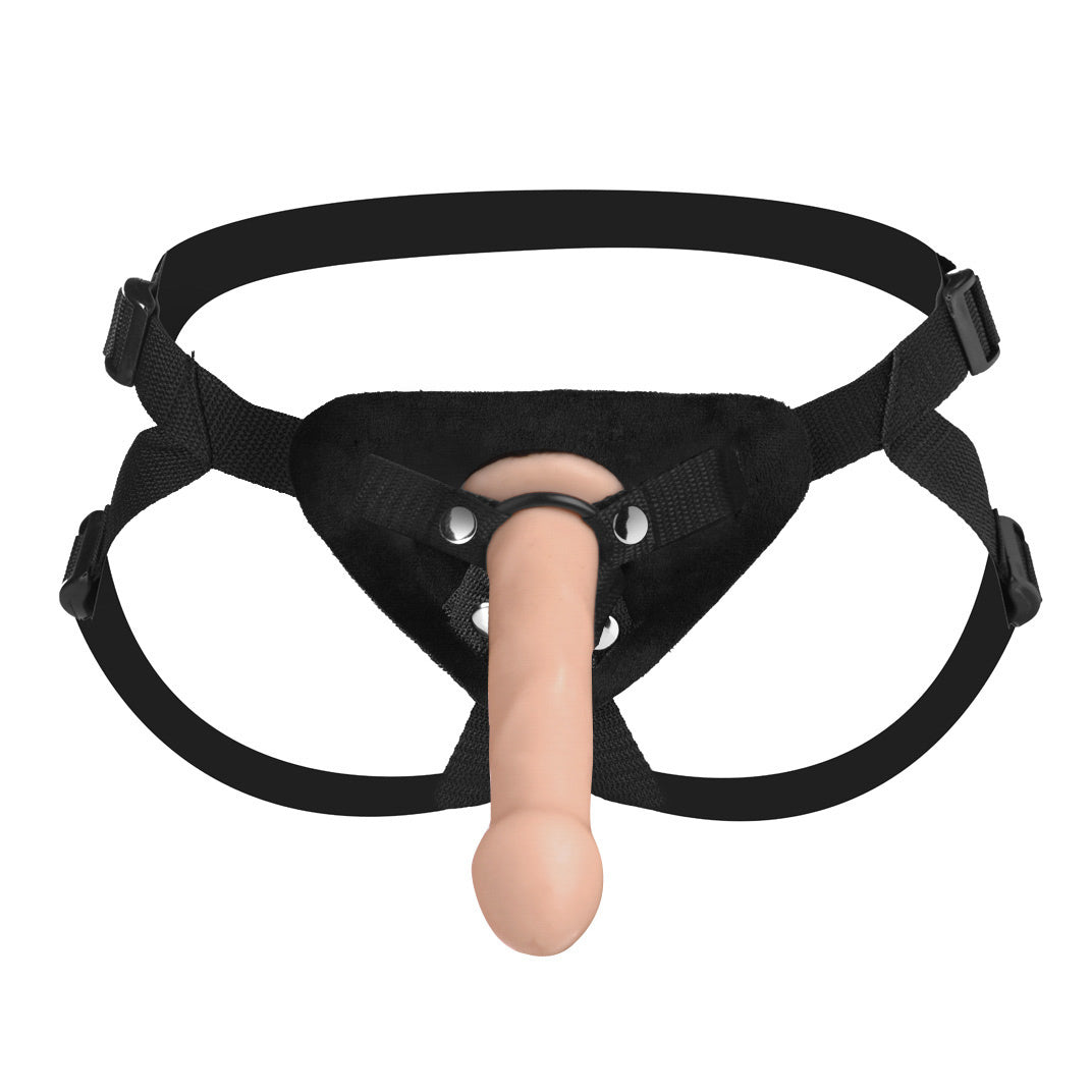 Close-up view of the beginner strap-on kit with black harness and two different sized dildos