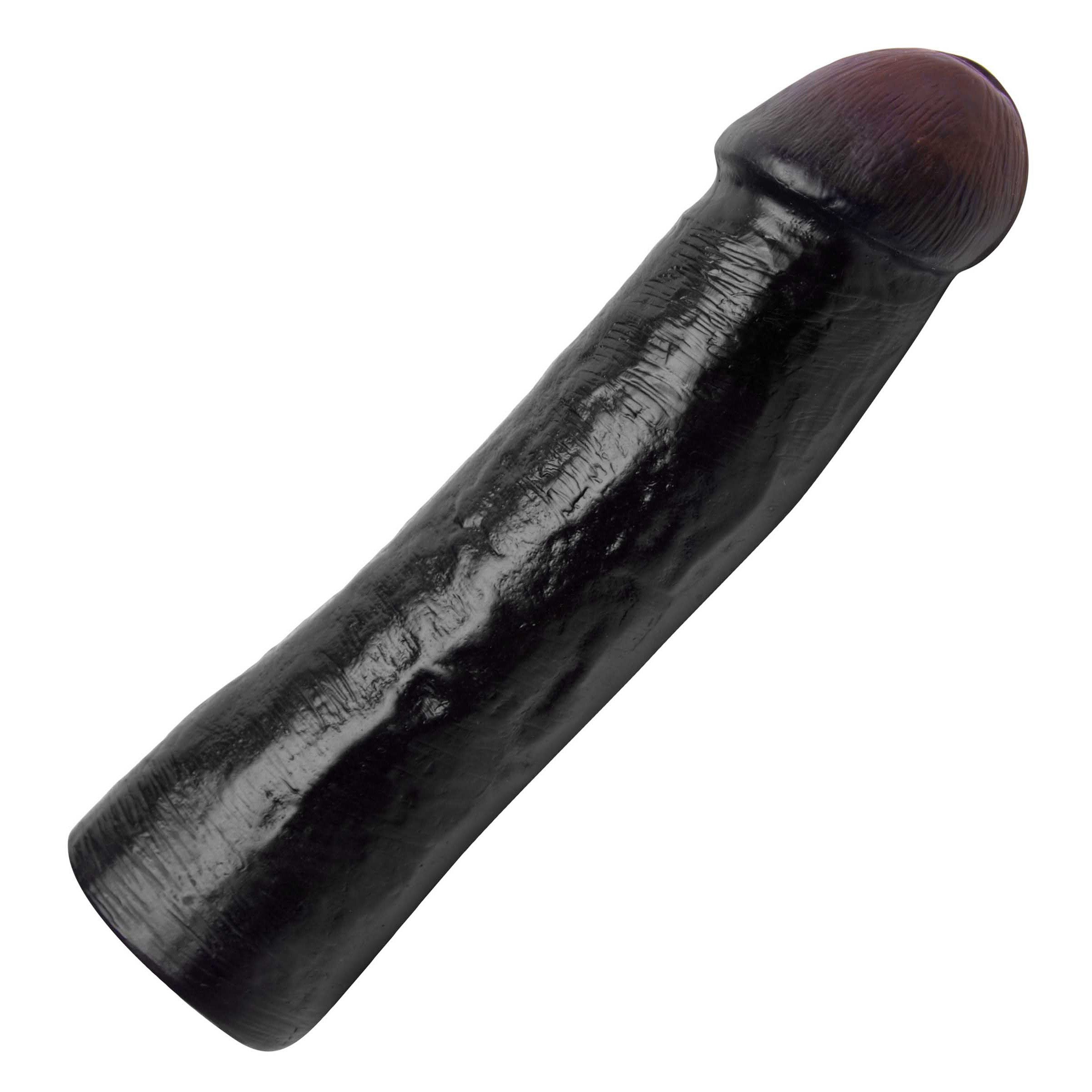 Extra large penis extender sleeve with a black shaft and a purple head