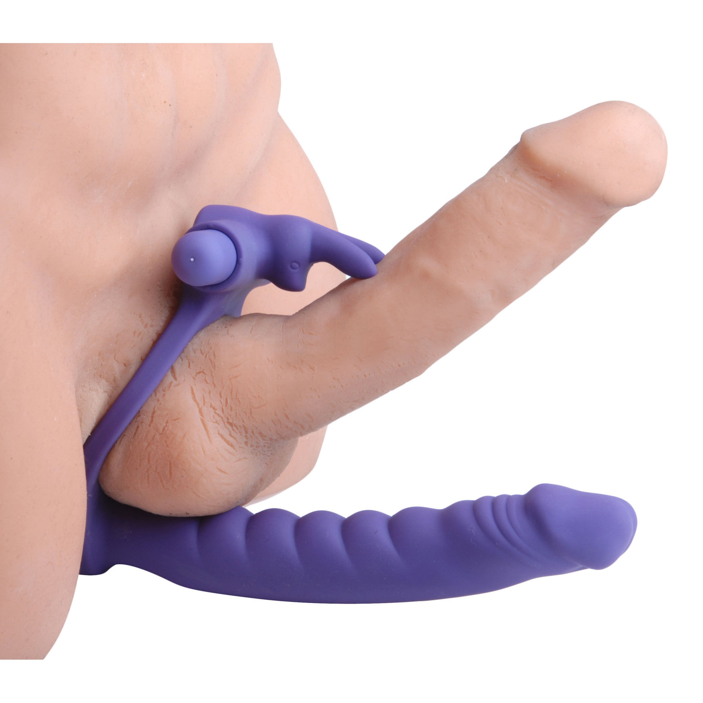 Close-up of the purple Double Delight cock ring with dual penetration design