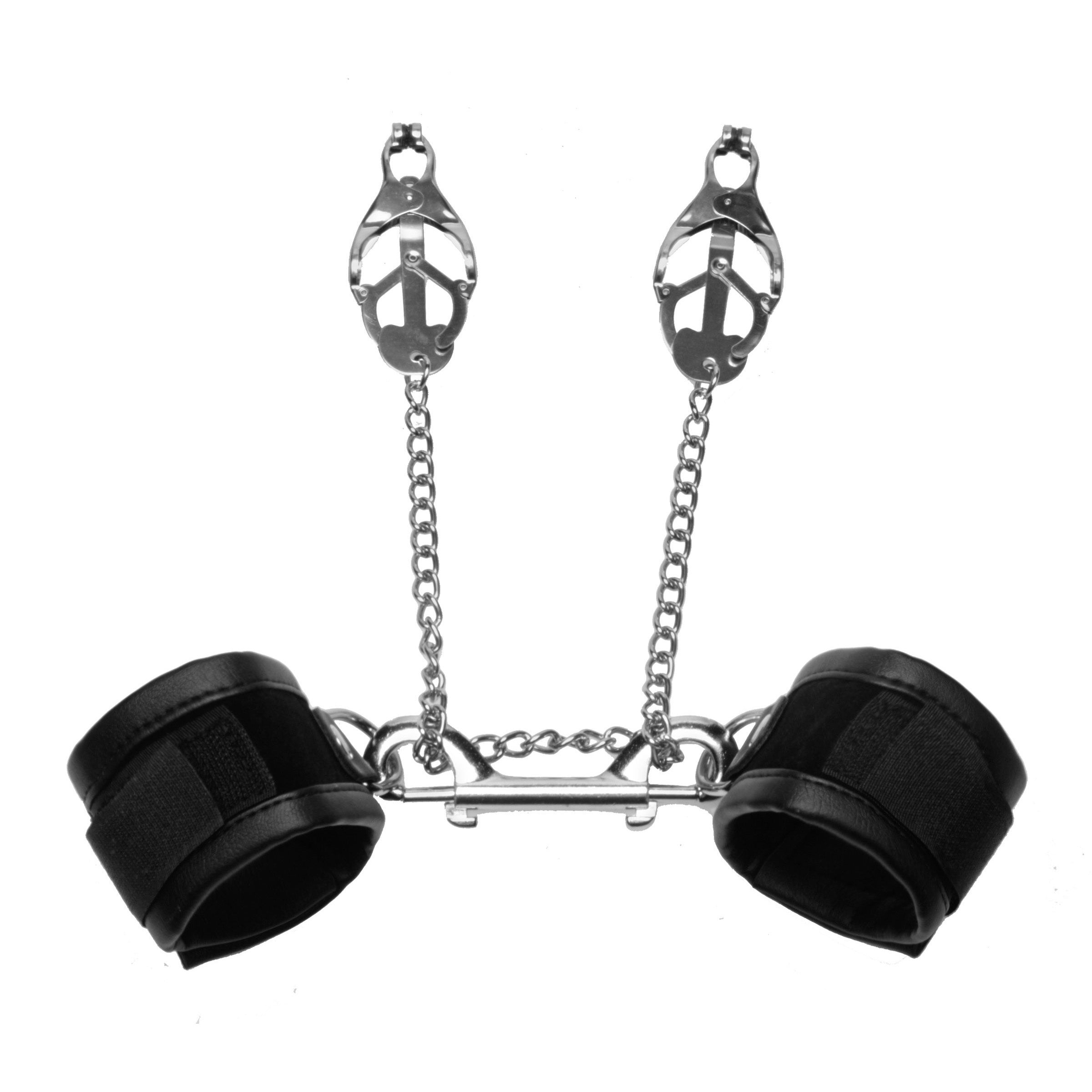 Leather wrist cuffs with attached chains from the Cuff to Clamps Bondage Kit