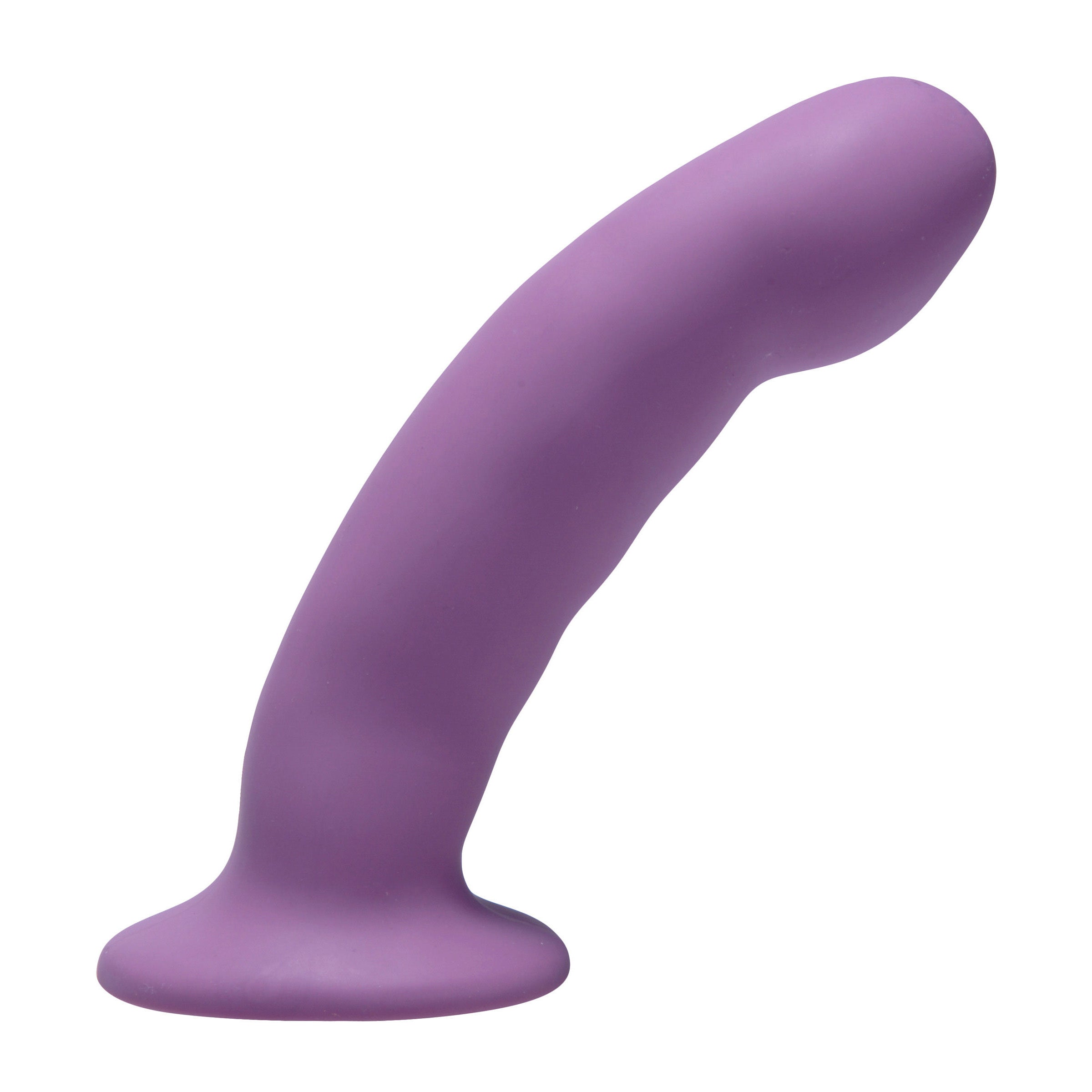 Curved purple silicone strap-on harness dildo against a white backdrop