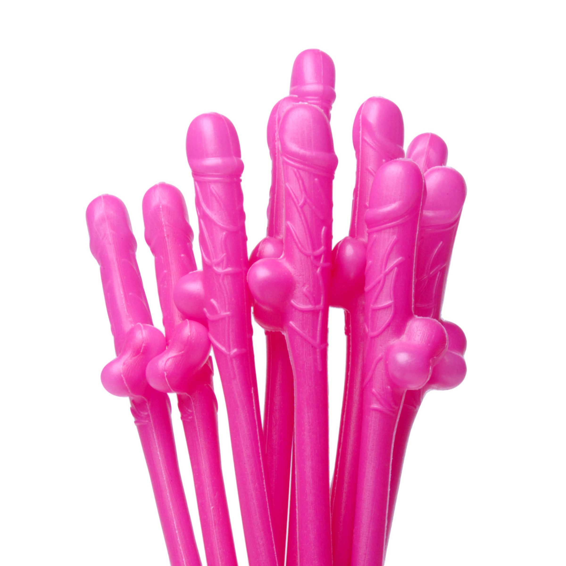 Multiple pink penis-shaped sipping straws designed for bachelorette parties