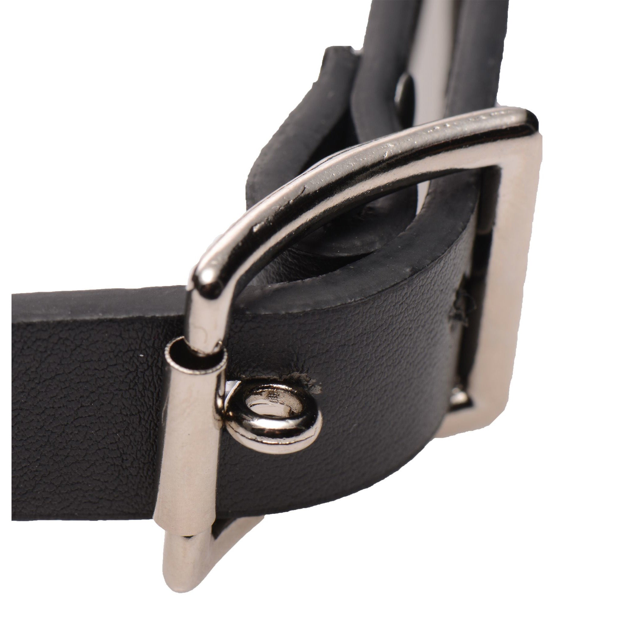 A detailed view of the adjustable buckle on the Beginners Penis Mouth Gag