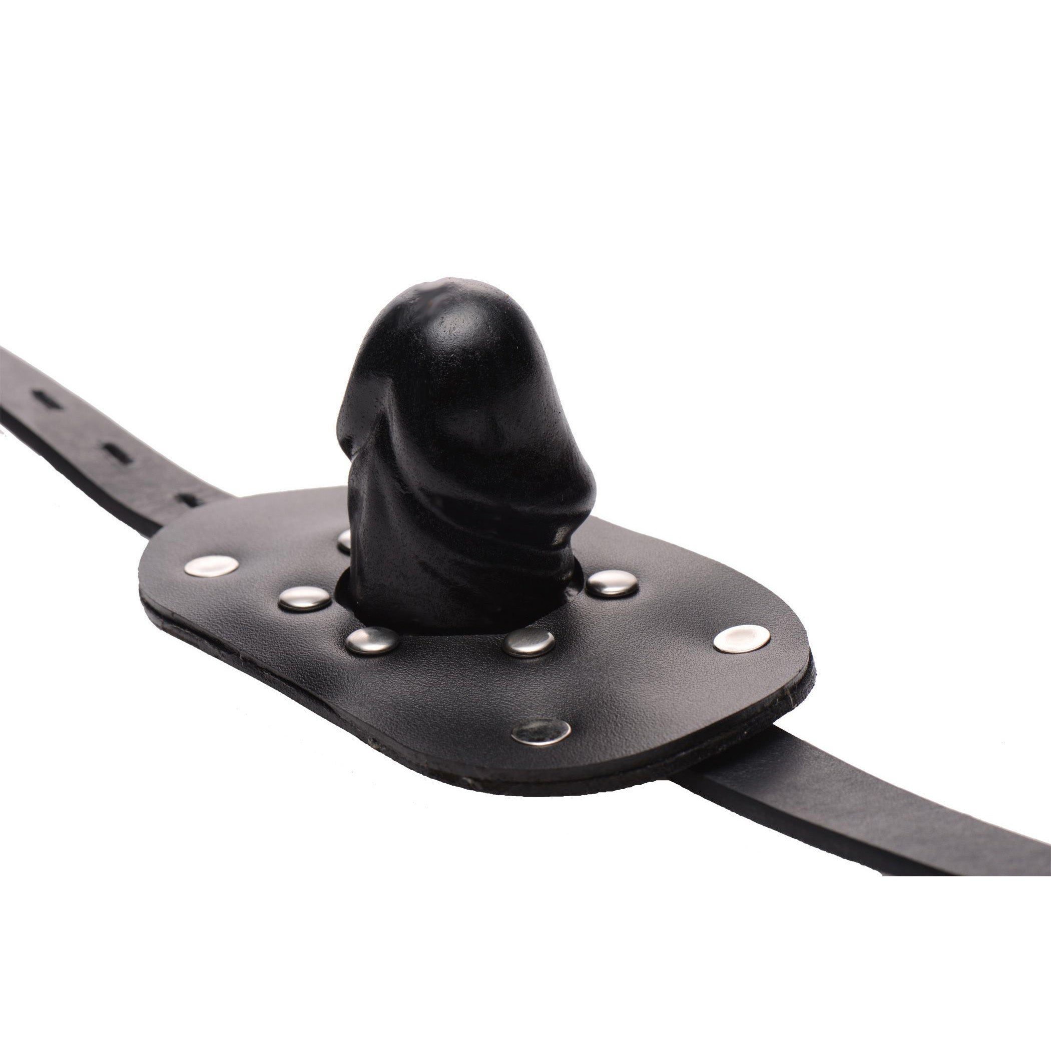 The leather strap and buckle of the Beginners Penis Mouth Gag