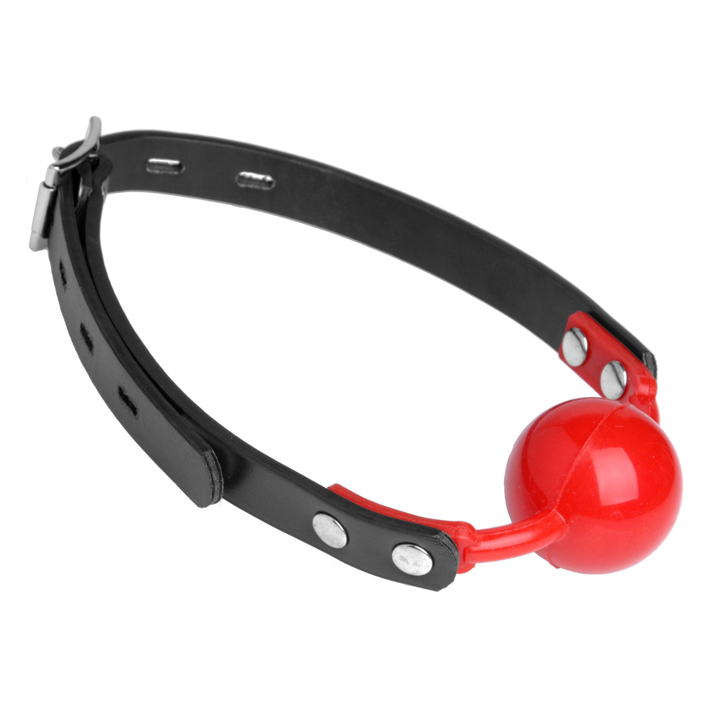 Close-up of The Hush Gag's red silicone ball with black leather strap