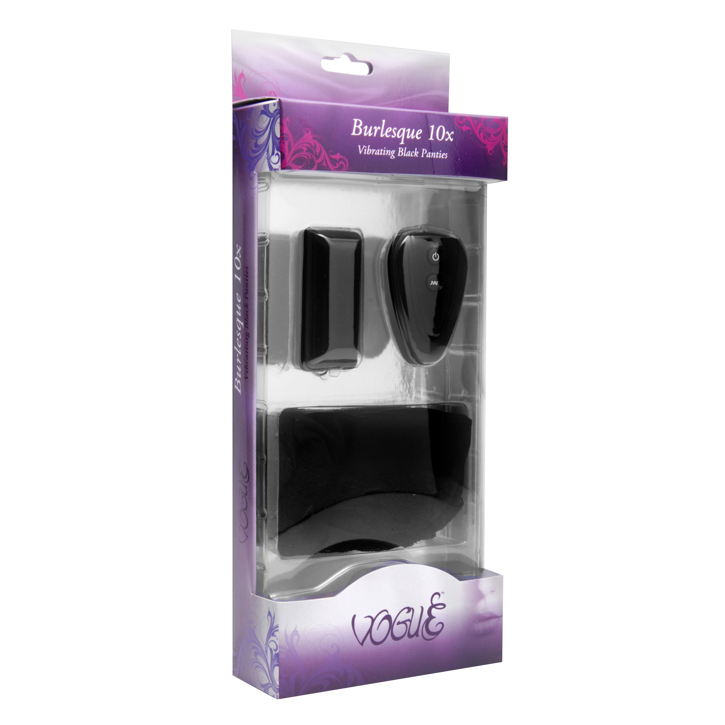 The product packaging of the Burlesque 10 Mode Vibrating Panties featuring its black and purple design