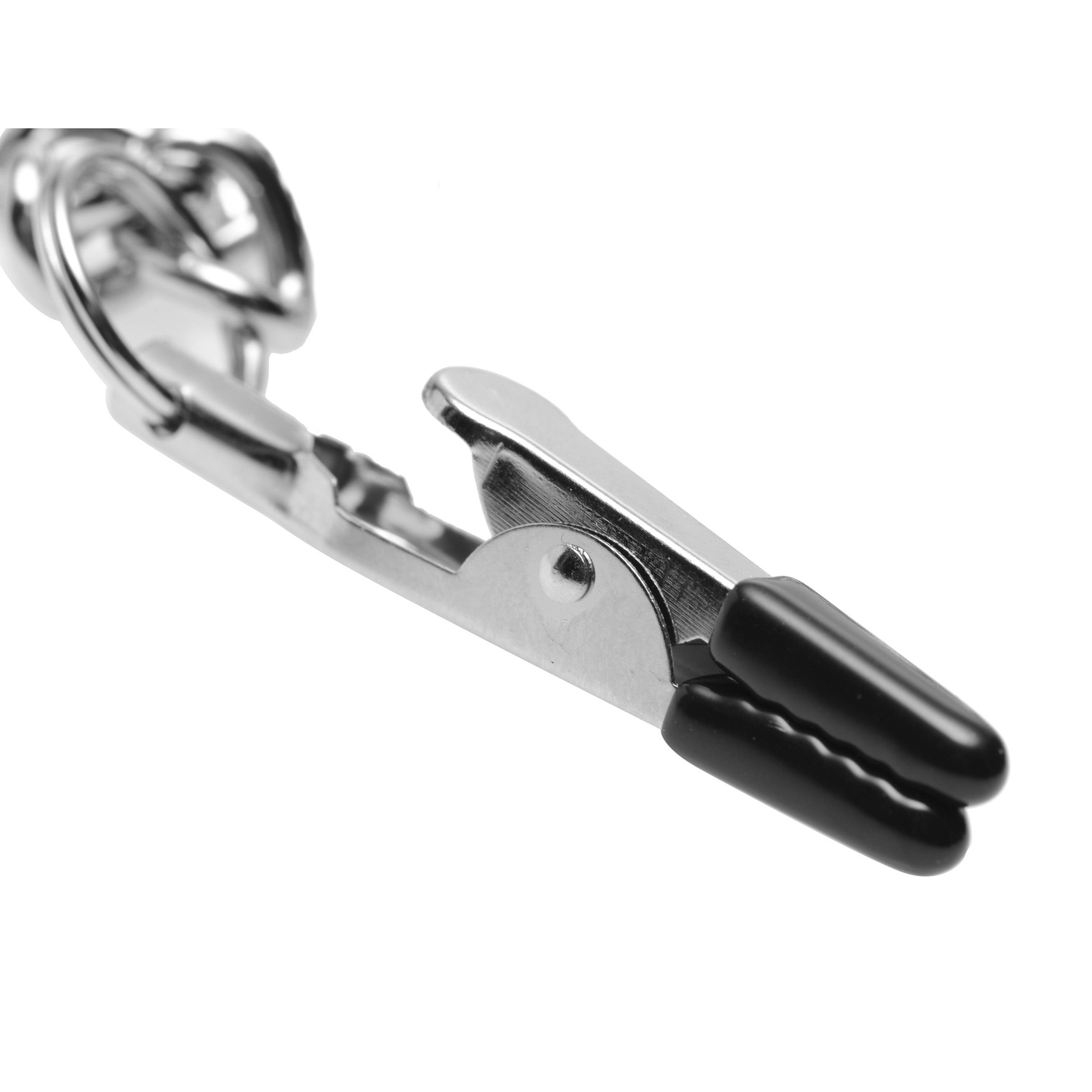 Detailed view of a collar nipple and clit clamp set with black handles