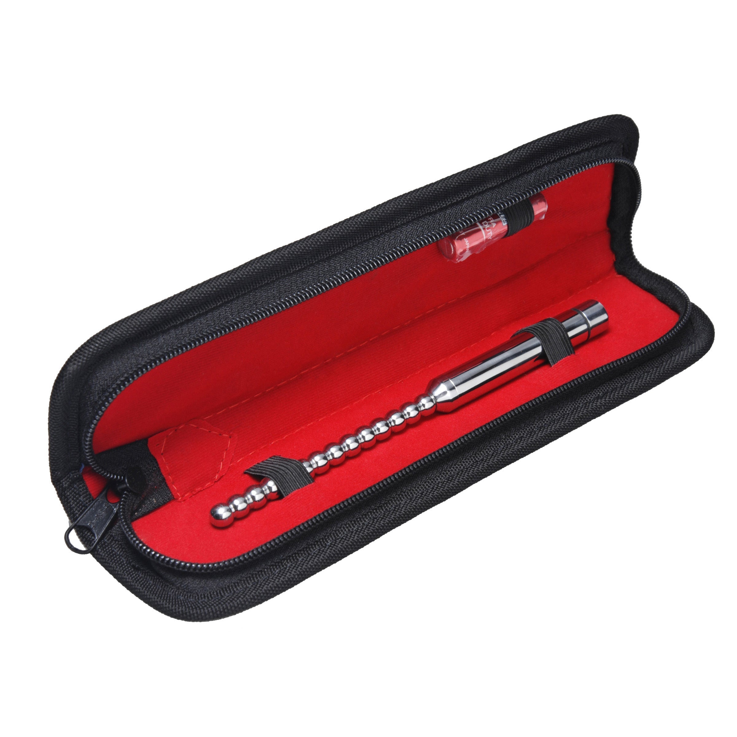 Red and black storage case for the stainless steel vibrating urethral sound with the sound placed inside