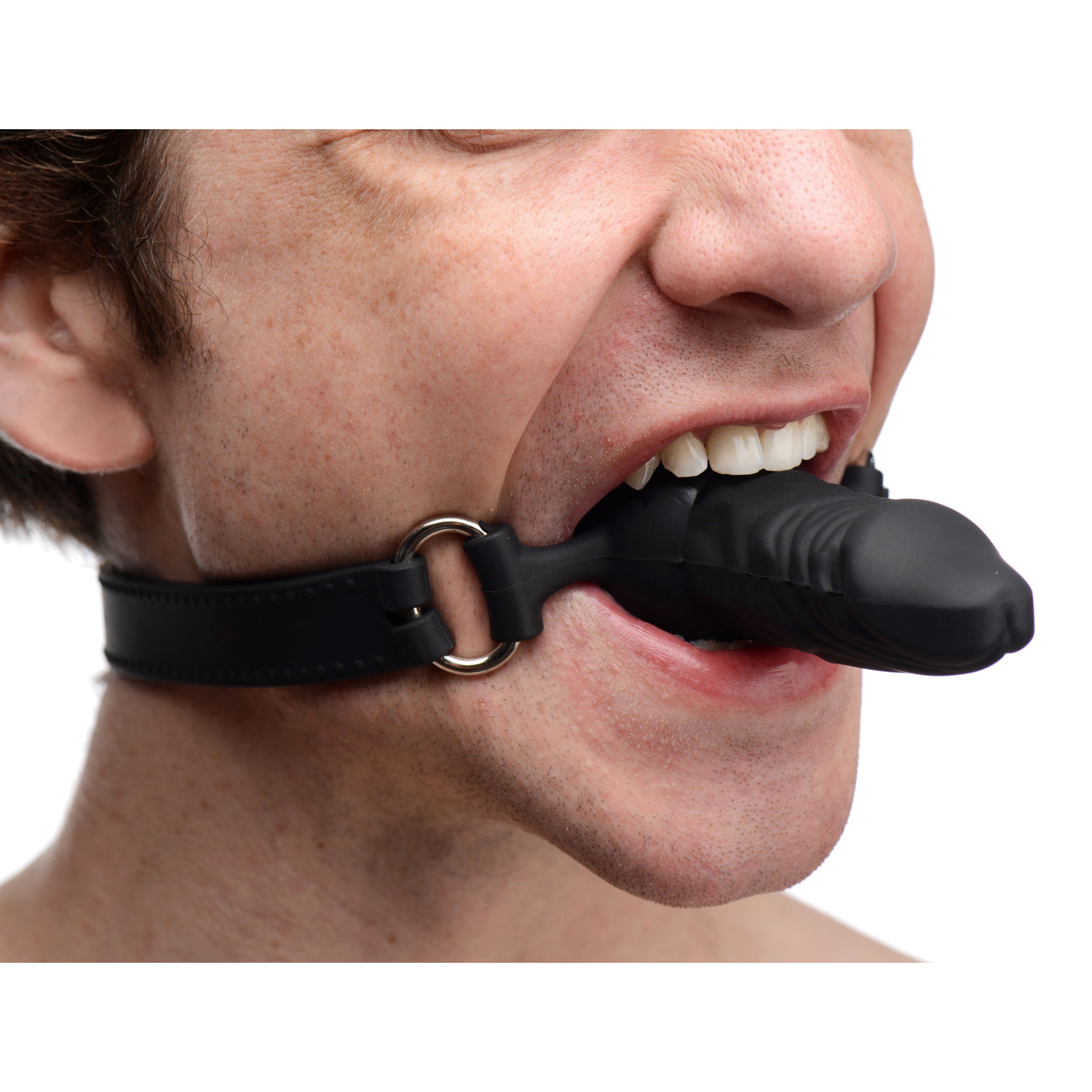 Person wearing a silicone suppressor face gag