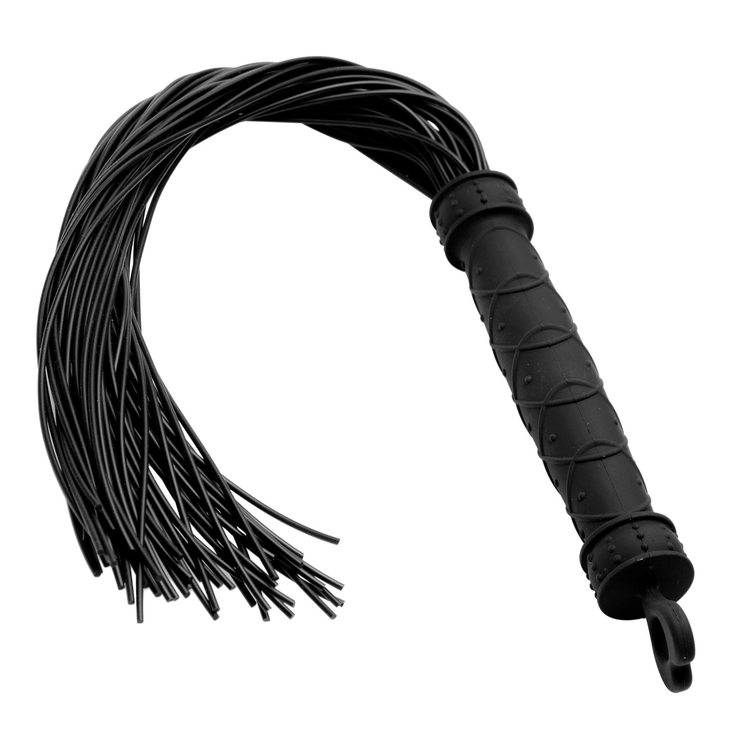 The full length of a Punish Me Silicone Flogger with a long handle for grip