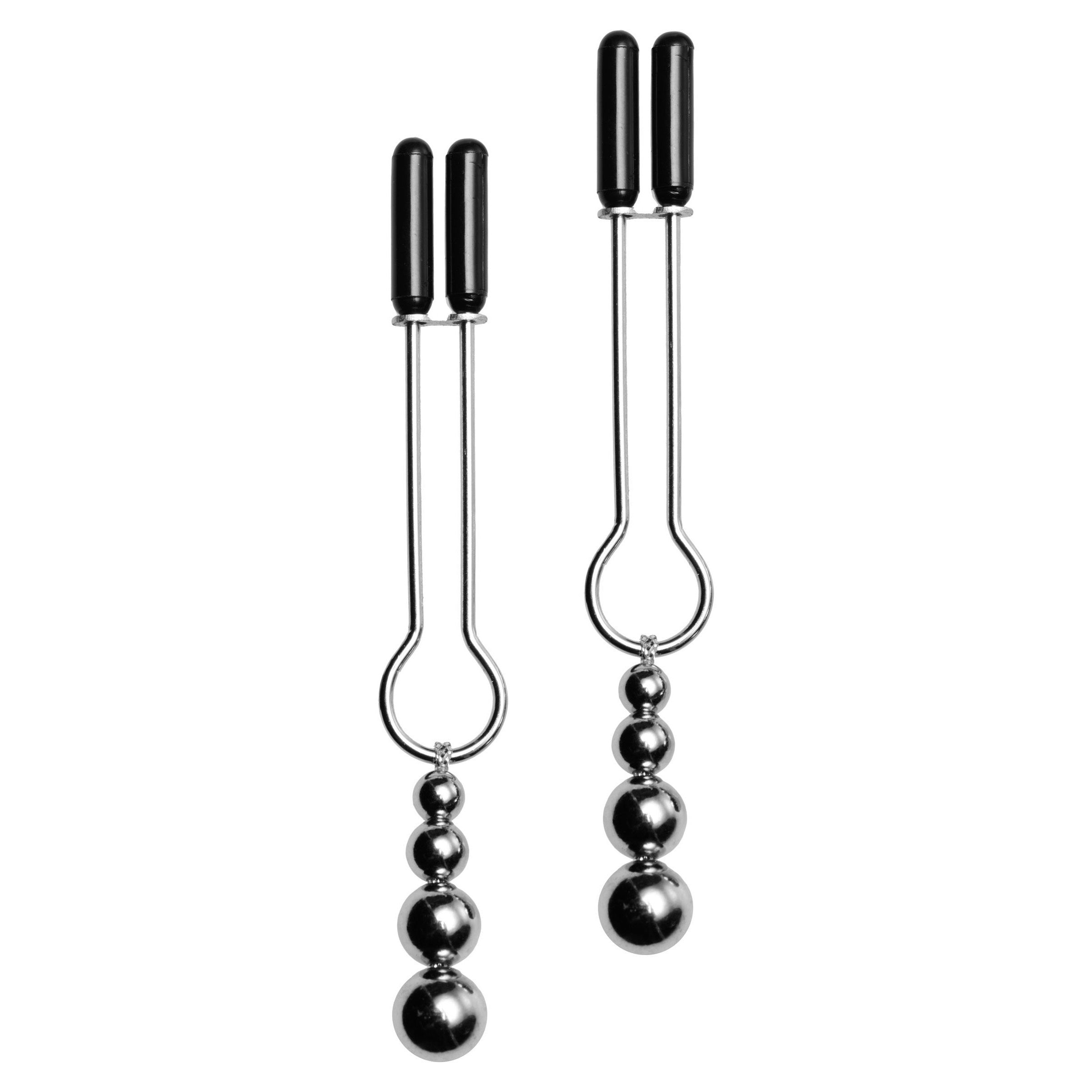 Detail view of the Adorn Triple Bead Nipple Clamp Set with black and silver beads